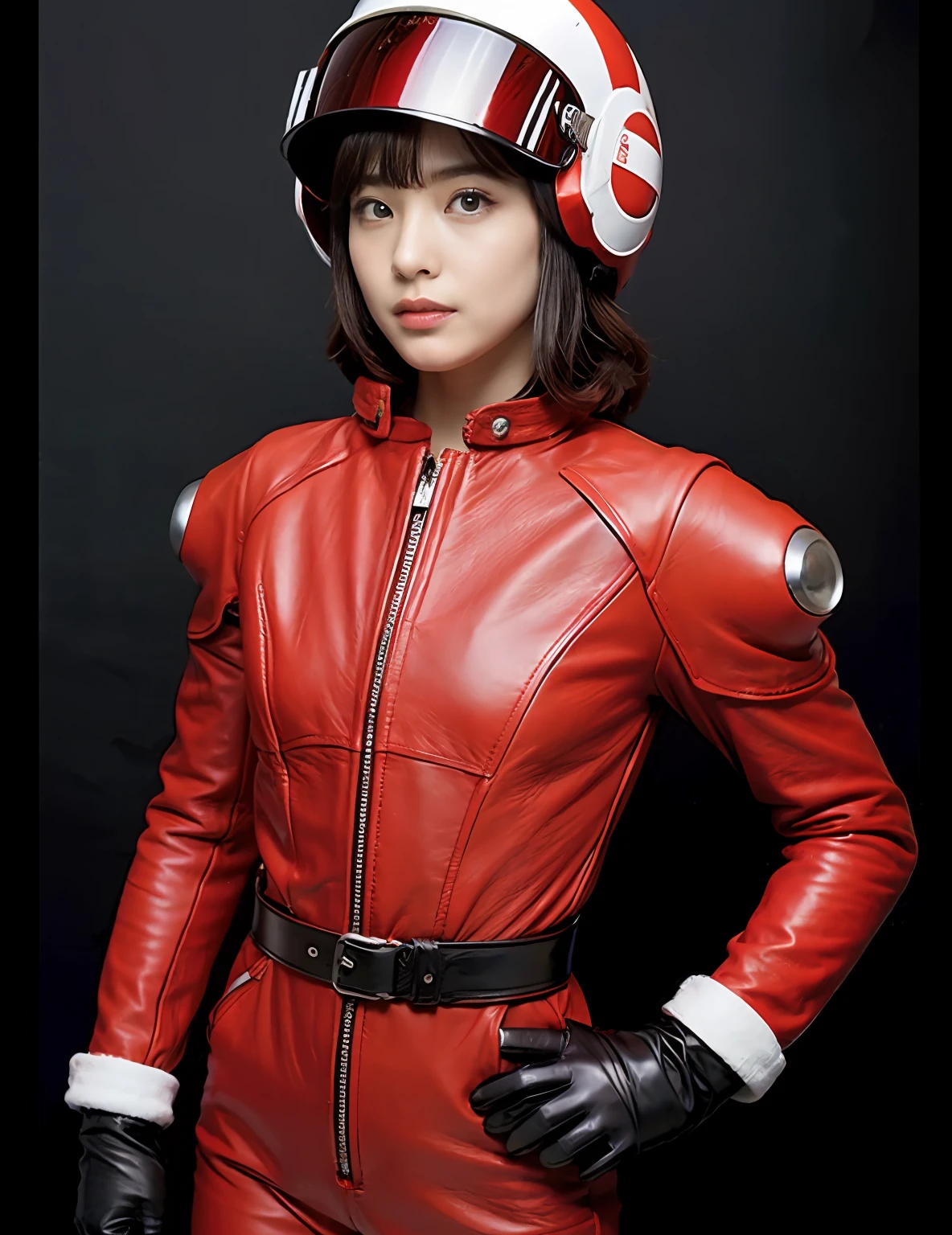 ultra-detailliert, hight resolution, top-quality,, ((Leather Red Cyborg Suit)、(Pilot helmet)、(Leather White Gloves)、Wearing a transformation belt、kosmos、planetes
