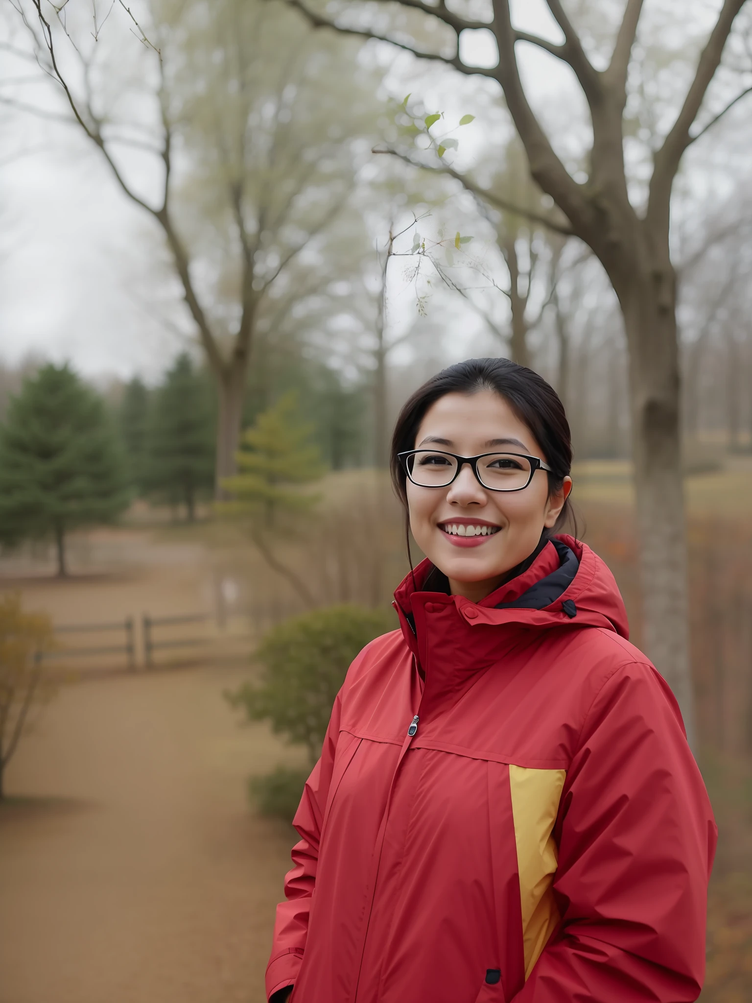 Smiling woman in red jacket standing in park,watercolor paiting,Artistically,