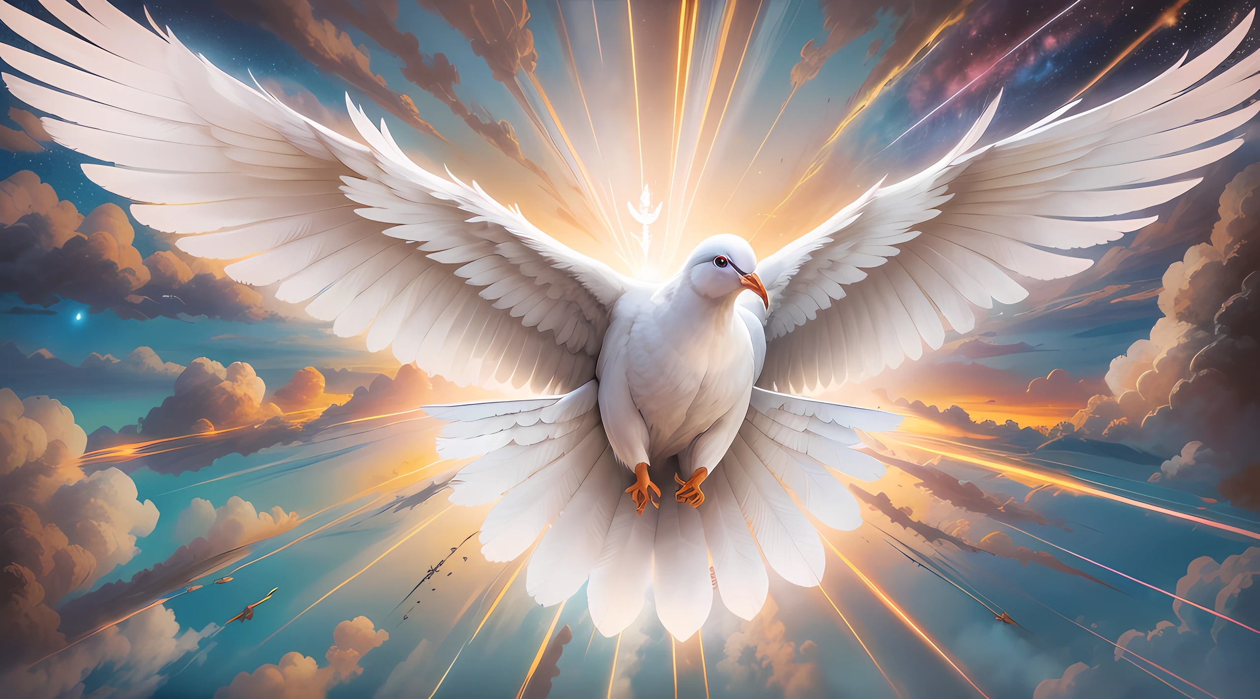 a white dove flying in the sky with a bright light coming out of it, pomba branca, holy spirit, ophanim has bird wings, pombas voando no portal, onde, em paz, pombas, majestosas asas de pomba grande, she is arriving heaven, beautiful image ever created, Luz Celestial, background is celestial, papel de parede hd, celestial, heaven on earth, in sky, pegue a chave, lua bela, fora, noite linda, Noturno, pegue a chave, holy spirit