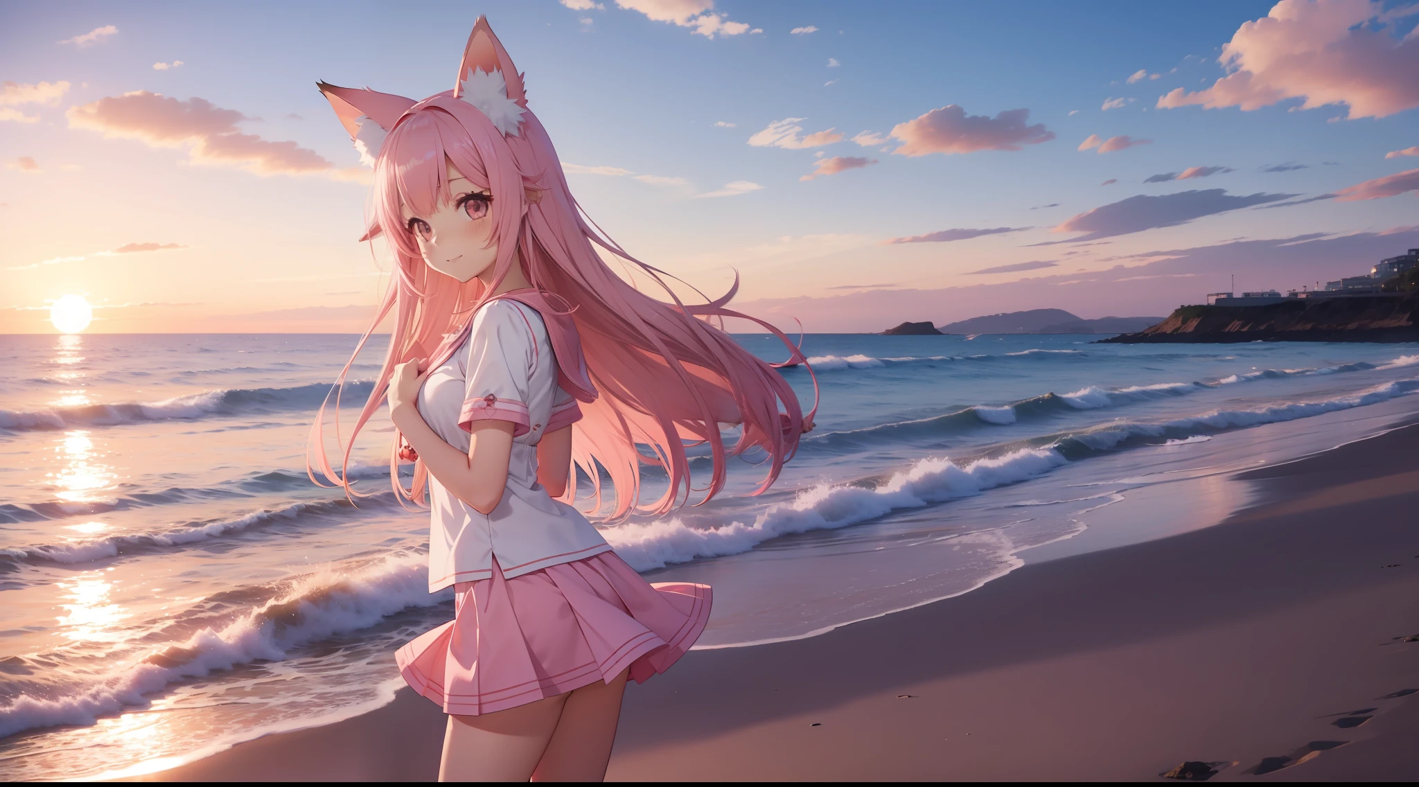Seaside sunrise pink fox ears miniskirt girl