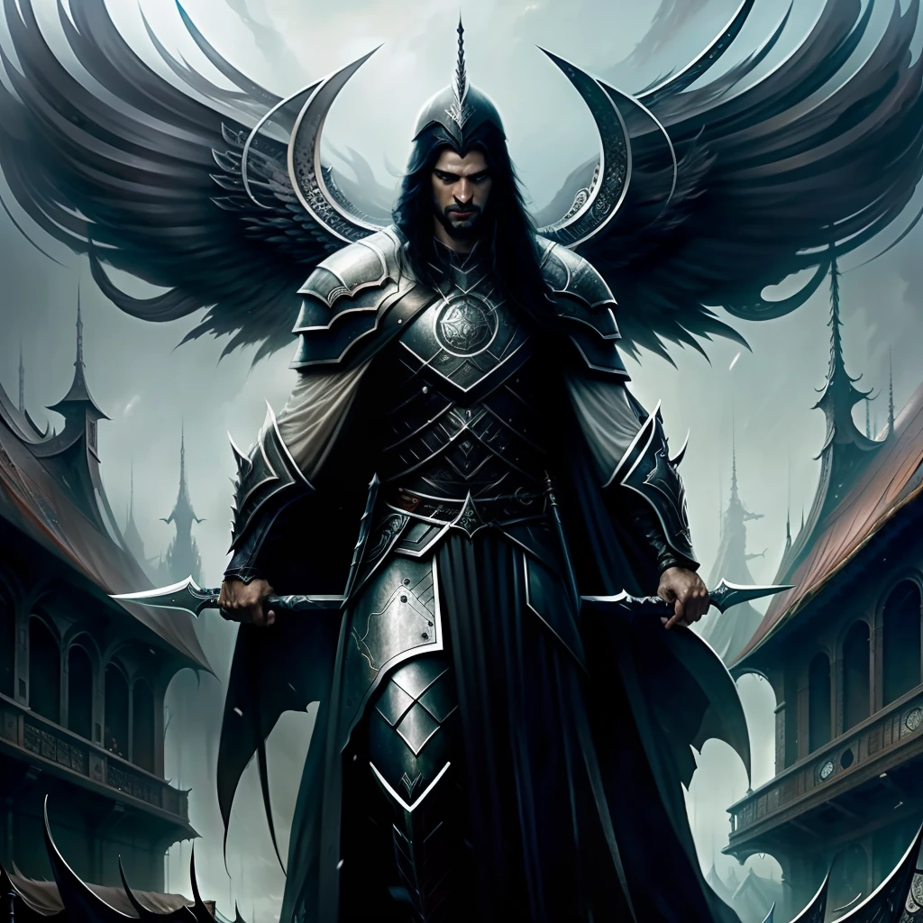 A man with very very long black hair, white face, gray black armor, a very long sword in his hand is looking down, looking at the sky and going up,a large black angel standing in front of a crowd of people, by Aleksi Briclot, greg rutkowski and luis royo, dark angel, dark fantasy digital art, by Bastien L. Deharme, luis royo and greg rutkowski, by Ross Tran, by Clint Cearley, artstyle greg rutkowski, zdzislaw beksinski