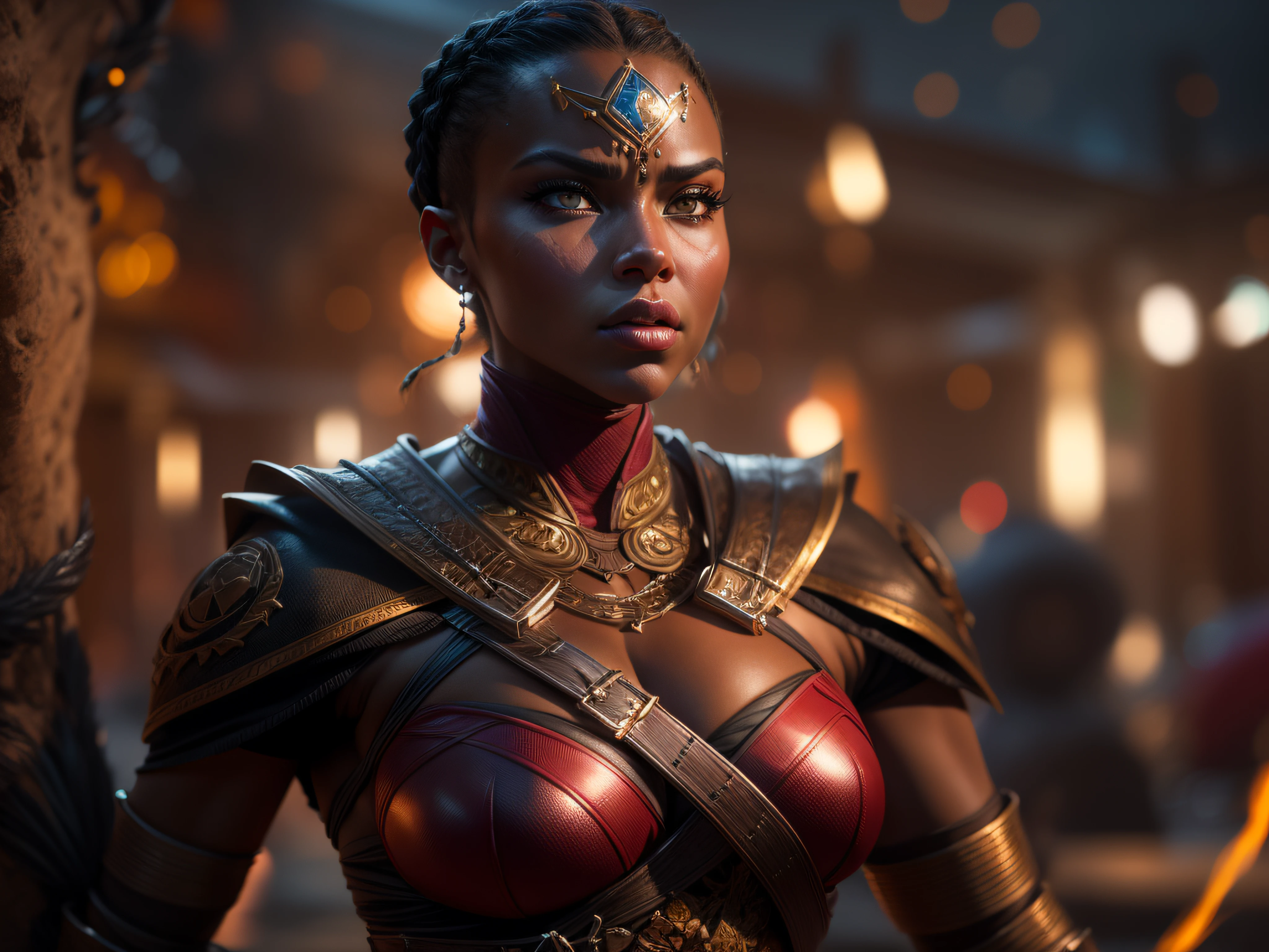 Close a powerful threat, The imposing appearance of a beautiful and powerful warrior Dora Milaje in a combat pose, menacing stare, ricamente detalhada, Incredibly well braided long hair with bright lights, Hiper realista, black skin like shiny oil, mulher muito linda, corpo espetacular, Mulher curivilinea, 3D-rendering, obra-prima, NVIDIA, RTX, ray-traced, Bokeh, Night sky with a huge, Lua cheia bonita em uma floresta reluzente, estrelas brilhando, 8k,