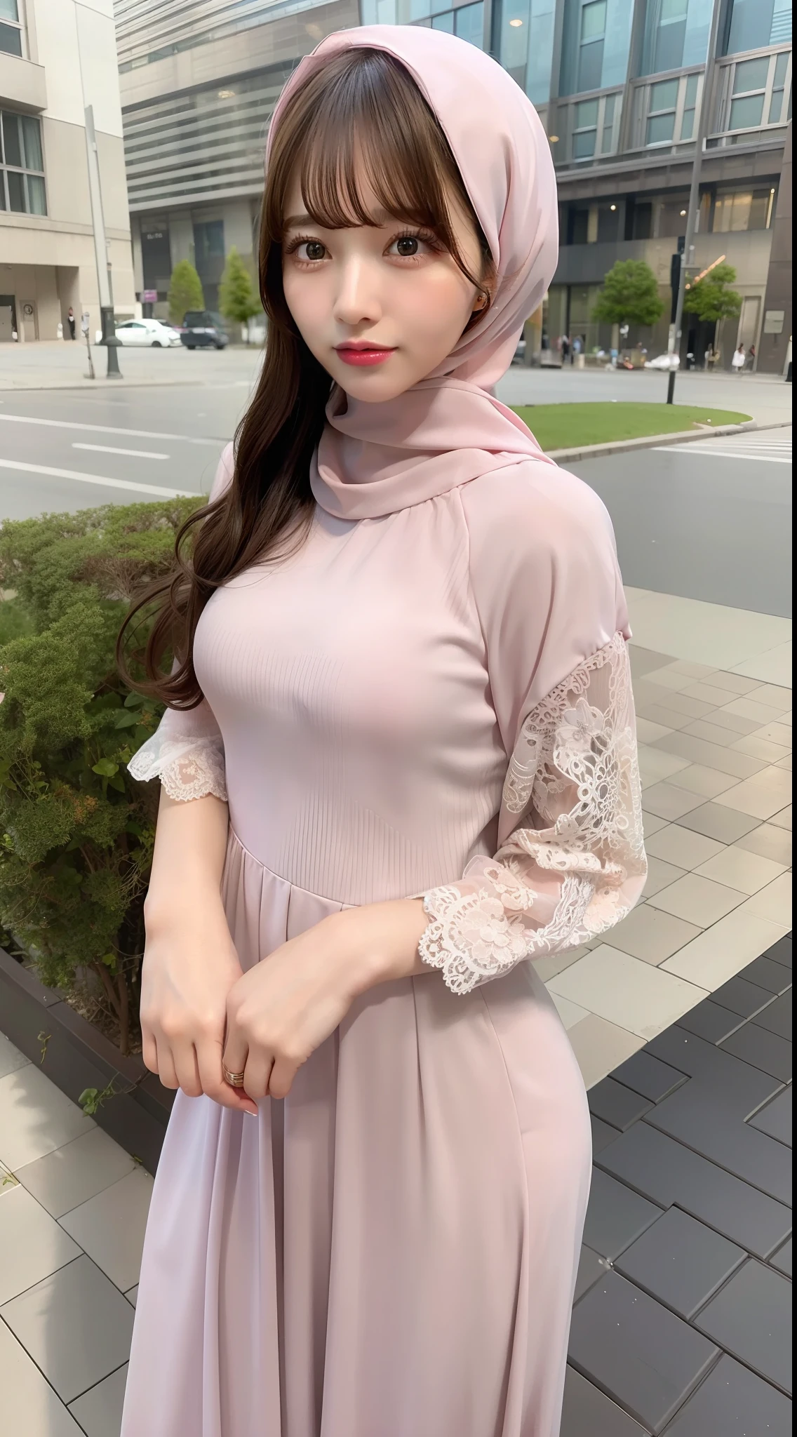 masterpiece, best quality, realistic, photorealistic, highly detailed, detailed face, solo, 1 boob girl, pink_shirt, hijab, dress up, long dress, curly hair, bangs, standing, urban city,