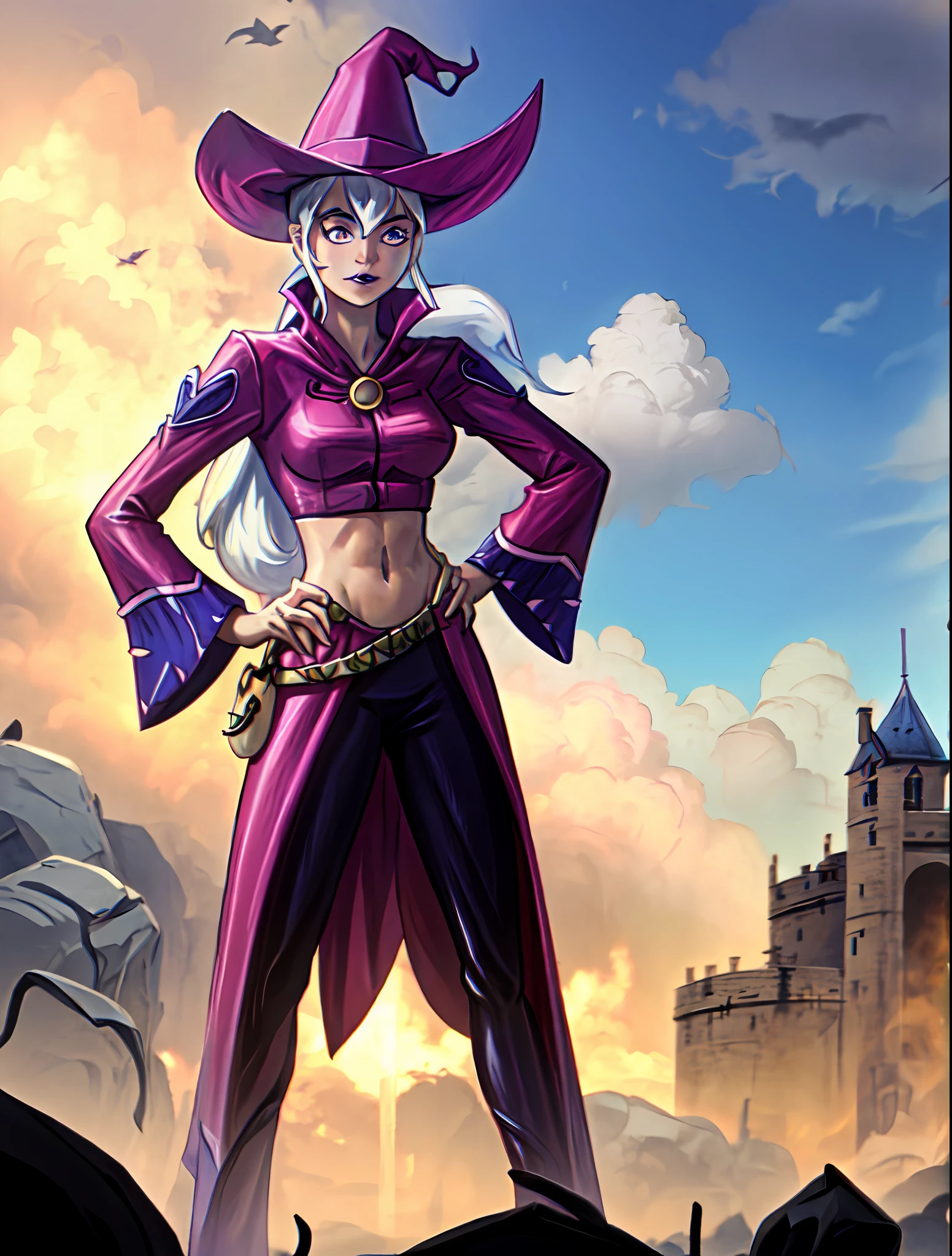 (cowboy shot), sfw,  (masterpiece), (best quality:1.0), (ultra highres:1.0), detailed eyes,
BREAK
Charmcaster, 1girl, pink eyes, low ponytail, wispy bangs, hands on hips
mage_glam, pouch belt, witch hat, midriff
BREAK
(castle, outdoors,  gorgeous view)