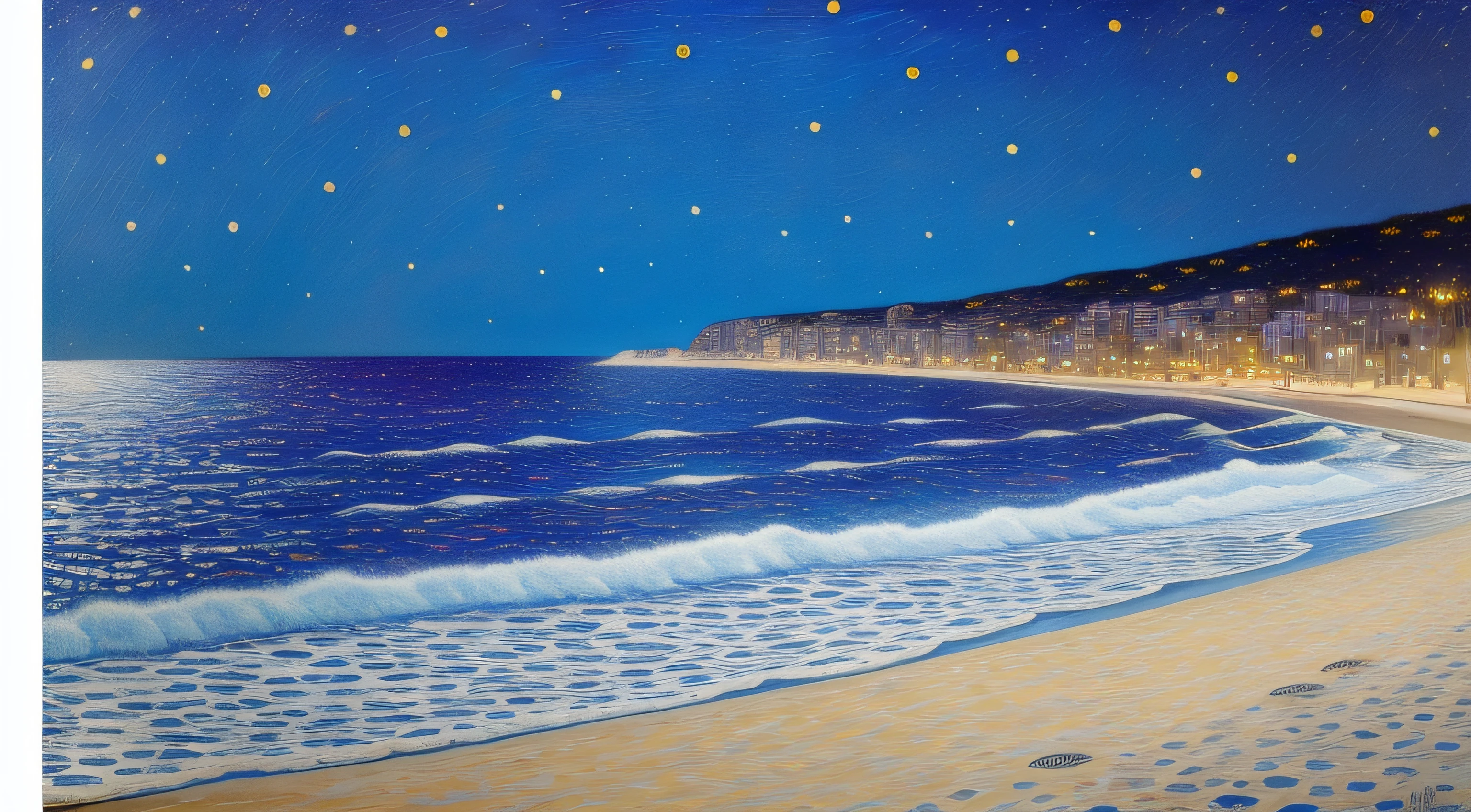 Playa nocturna, Gustav Klimt, cielo muy oscuro, luna llena