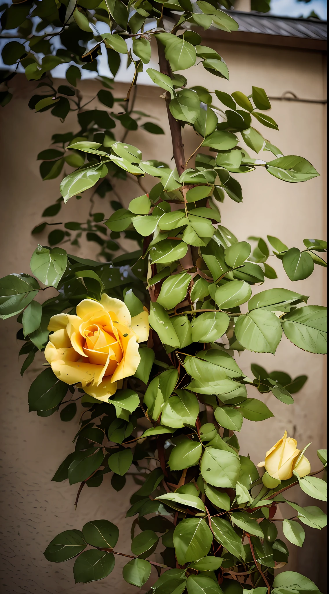 A rose grows on the tree outside, rose twining, growing out of a giant rose, photo of a rose, Yellow rose, natural point rose', taken with a canon dslr camera, photo taken with canon 5d, floral growth, roses in cinematic light, Shot on Sony A 7, shot on nikon z9, a few roses