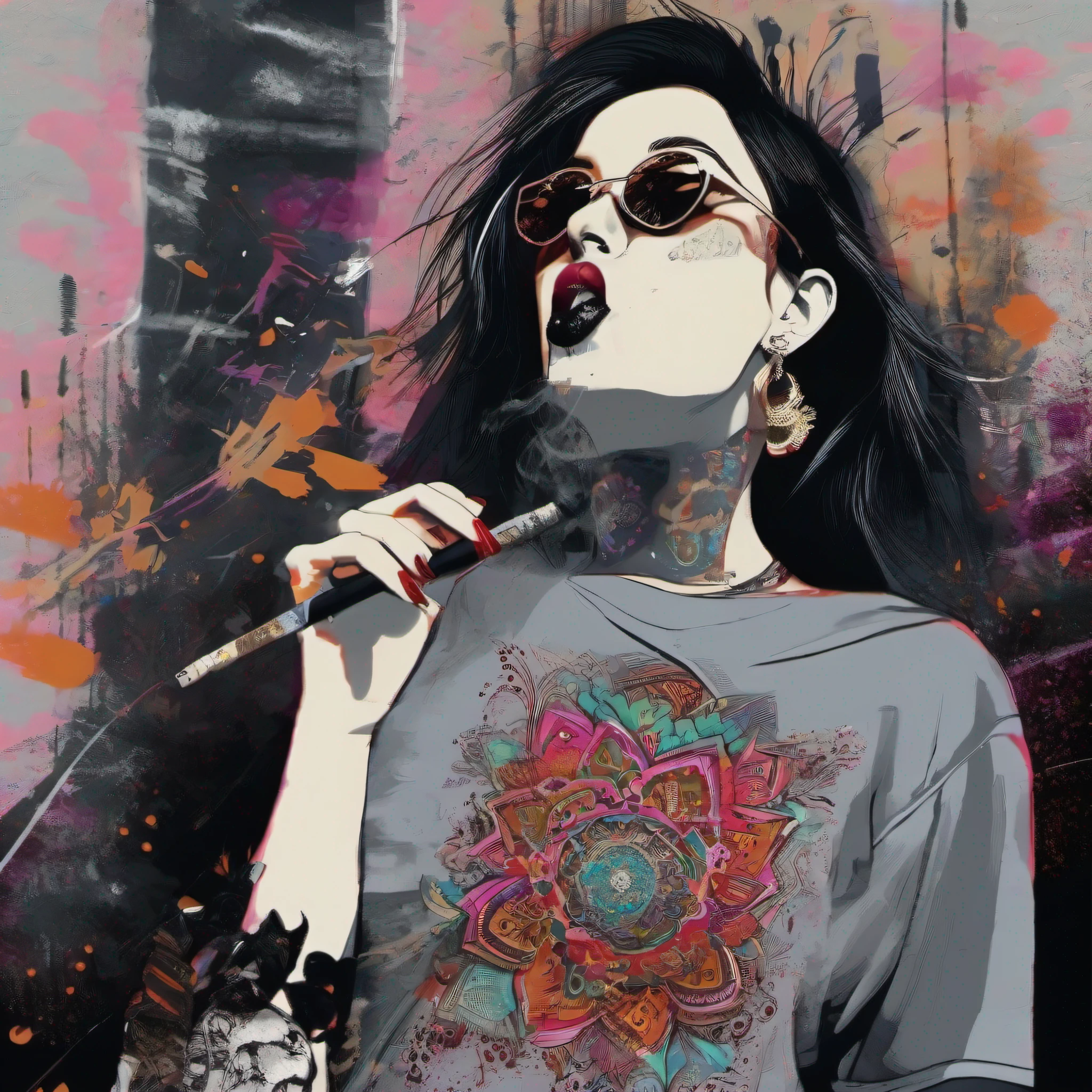 1 indian girl in tshirt, smoking a cigarette, cool, goth, band tshirt, rock, runny mascara