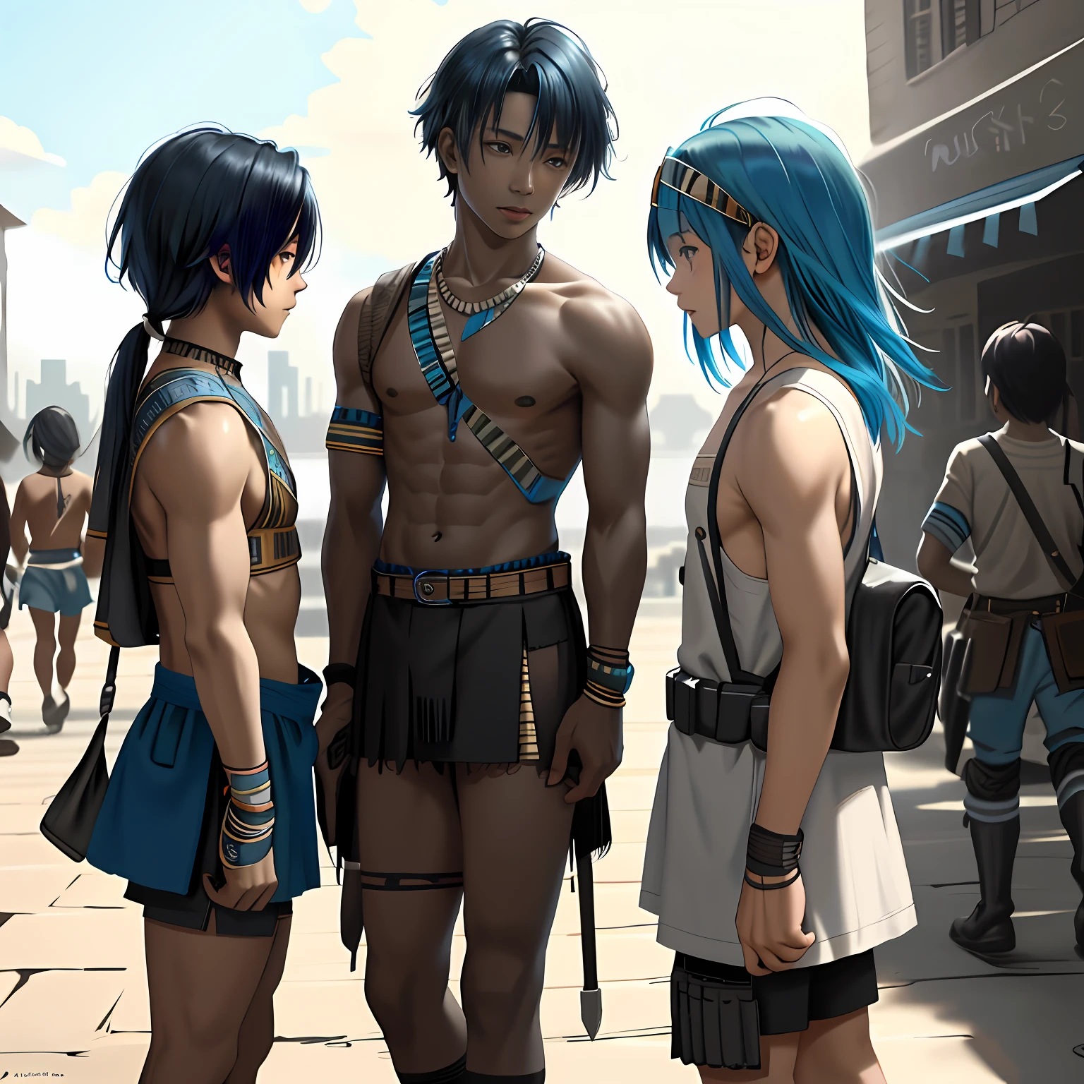 un grupo de 3 amigos cabello color azul, are 13 and , They are side by side ready to fend off the enemy army as they invade the city 14 years of blue hair.., The 14-year-old raight hair with his back uncovered and his chest bare but dressed in typical clothes of ancient Egypt with dark skin walking lost through the different streets of a city is noon. doferentes angulos mira la ciudad desde lo slto de una colina.