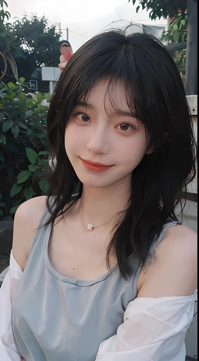 best qualtiy, 超高分辨率, (realisticlying:1.4), Baoyu Girl, Black long straight,A pair of clear and moving peach blossom eyes,Royal Sister,sunshine on face,with long coiled hair,(ln the forest:1.4),(choker necklace:1.2),(Fair skin:1.9),(full bodyesbian:1.2)a sense of atmosphere,a beauty girl, ssmile,head straight-looking at viewer, closeup cleavage ,(Photorealistic:1.4),1girll,Sexy,(Upper body:1.4),(Wet body),(:1.2)