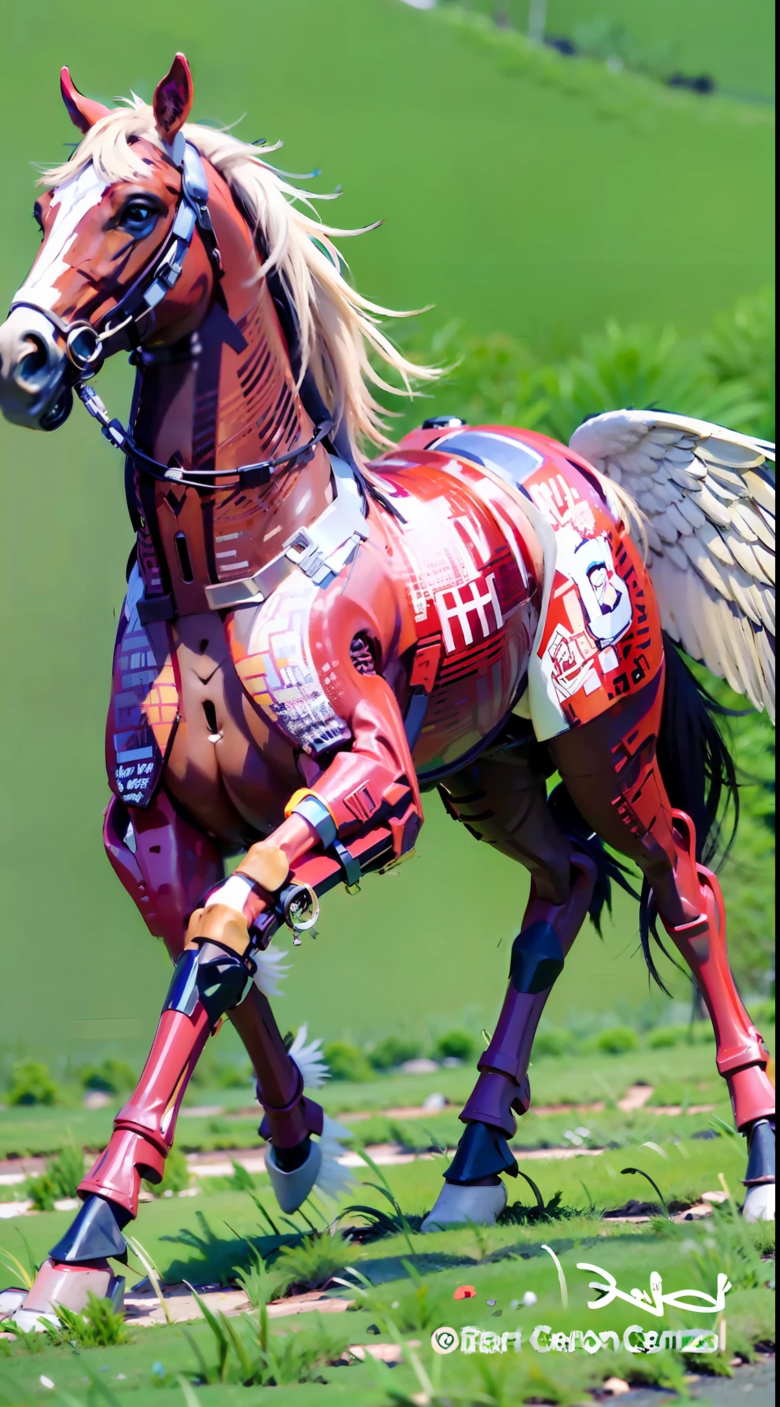 A female centaur,She is famous in the multiverse,She is both a female centaur, half human, half horse, half horse,It is also a heroic move,Her image fuses the head, neck and shoulders parts into a beautiful female human upper body, a female centaur, half human, half horse, half human,and female centaurs for female bodyization,This chimerization is based on powerful futuristic technology。The ultra-wide-angle lens captures the beautiful and ethereal image of her light wings on the ionosphere and making jumps。Her front half is a tall, sexy body with obvious feminine characteristics,Has K cup teardrop-shaped giant tit chest,The half-horse of the hind body is embedded in the front half of the body, the back and hip position,The half-horse torso form of the back half of the body is completely female and humanized,A sexy bent dog-style shaped ribcage is embedded from the upper end of the sternum transversely,Then there are the waist and abdomen hips of sexy beauties,The half-horse part of the fully feminized back half of the body,Mechanize the anti-joints and feet in the shape of the hind leg horse's knee and personify these parts,Make the legs graceful and slender,She has four slender legs like a supermodel,Under the legs are the feet of humans wearing skyscraper heels,Use Midjourney's advanced stroke tools and color palettes, as well as texture packs, model packs, and texture tools,Concentration,All of her with equine physiology organs are feminized,And give the part an ergonomic appearance,Treat the details of the back body, chest, abdominal cavity and hips and legs,Tighten the thoracic and abdominal contours of the back half of the body,Add anthropomorphic mechanical elements to non-ergonomic parts,Give her a sexy human look of harmony and unity,Enhance the sense of future technology。Plated her mechanical wings with a glow unique to space,The halo crown on her head casts a neon light casting a rainbow,Let her be majestic,Use Midjourney's advanced stroke and texture too