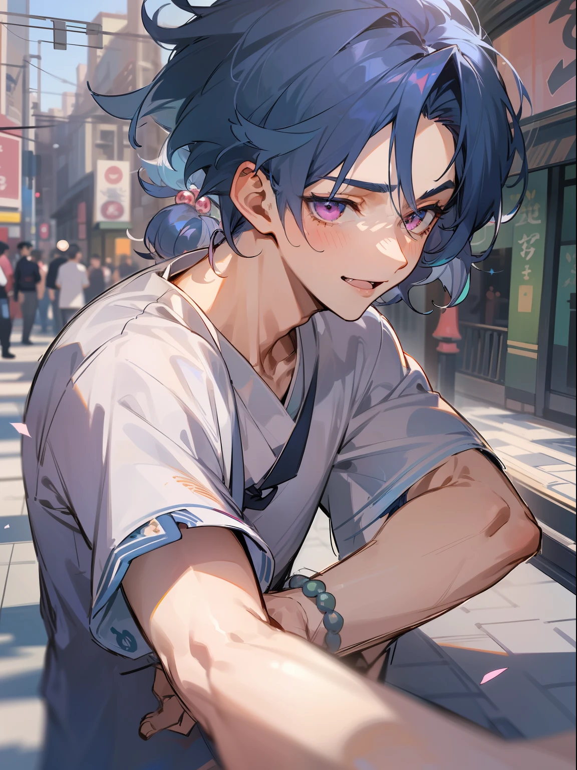 Ultra Detail,Haig Quality,sketch,1boy,matured male,Beautiful face,(Navy blue hair,Outer hair:1.3),Handsome men,Pearl skin,black tshirt,Moss Green Mod Court,Dynamic Angle,Japan Anime,Pink eyes,Laugh,Like a cat's eye,city,male in his 20s,