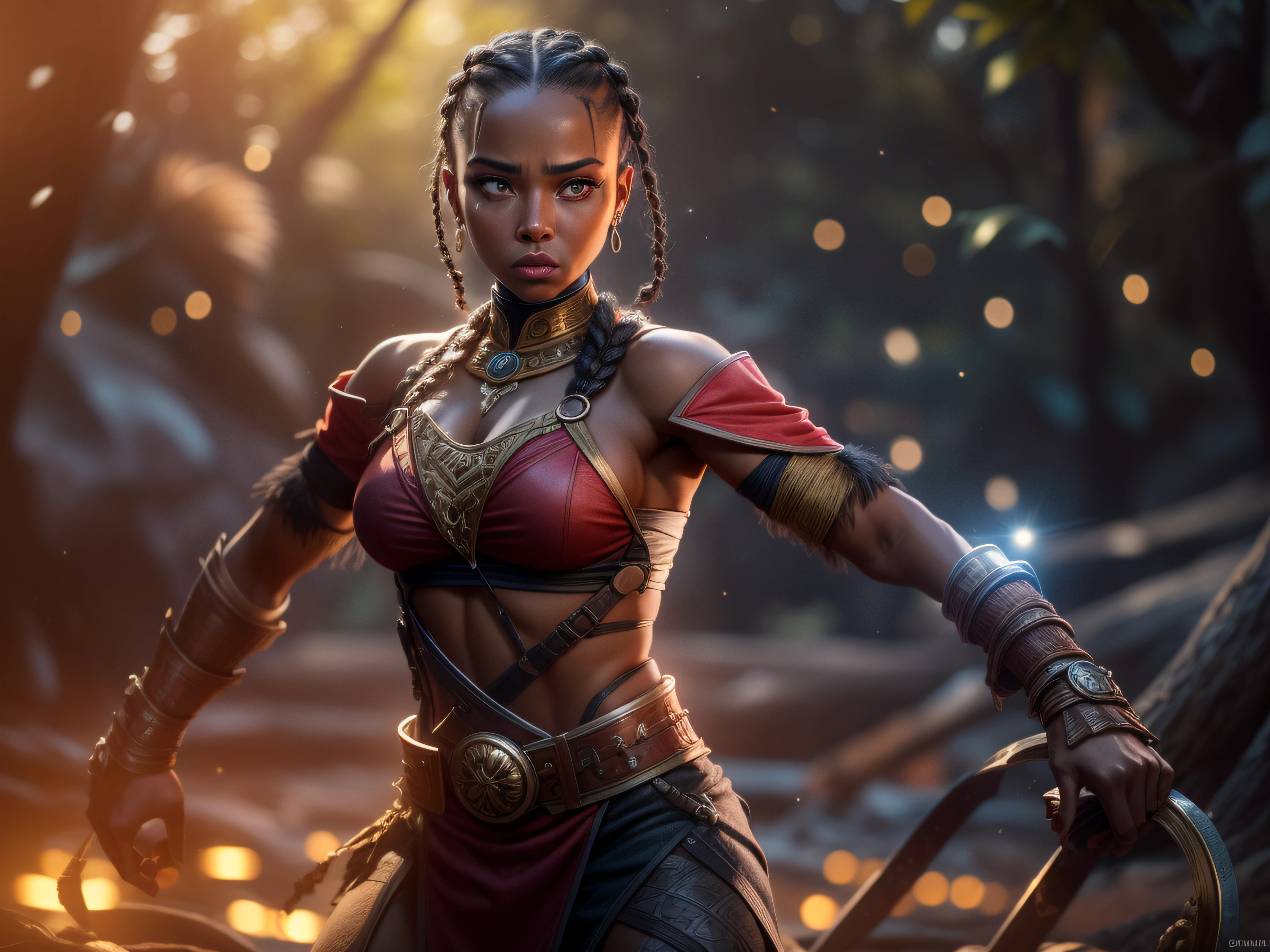 Close a powerful threat, The imposing appearance of a beautiful and powerful warrior Dora Milaje in a combat pose, menacing stare, ricamente detalhada, Incredibly well braided long hair with bright lights, Hiper realista, black skin like shiny oil, mulher muito linda, corpo espetacular, Mulher curivilinea, 3D-rendering, obra-prima, NVIDIA, RTX, ray-traced, Bokeh, Night sky with a huge, Lua cheia bonita em uma floresta reluzente, estrelas brilhando, 8k,