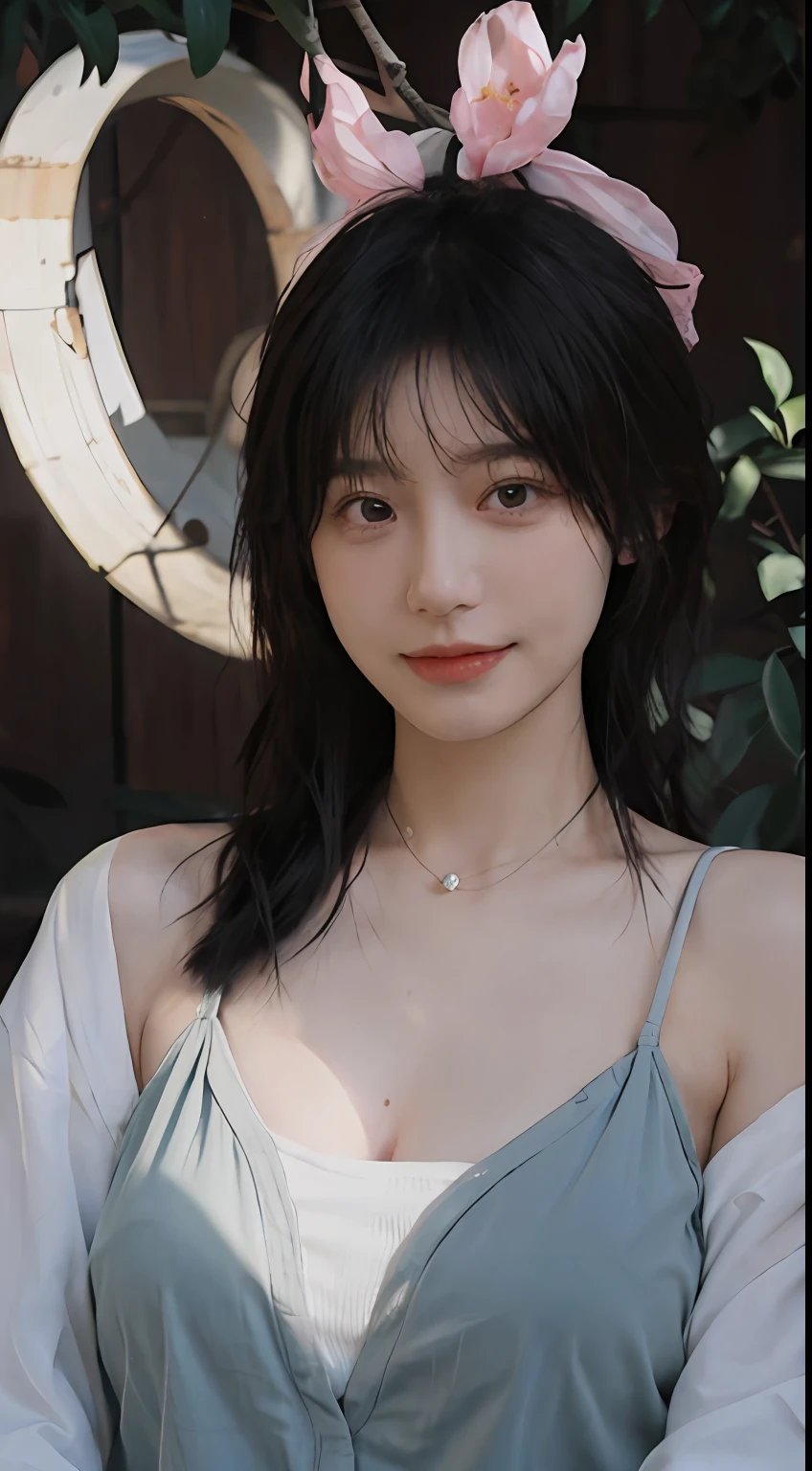 best qualtiy, 超高分辨率, (realisticlying:1.4), Baoyu Girl, Black long straight,A pair of clear and moving peach blossom eyes,Royal Sister,sunshine on face,with long coiled hair,(ln the forest:1.4),(choker necklace:1.2),(Fair skin:1.9),(full bodyesbian:1.2)a sense of atmosphere,a beauty girl, ssmile,head straight-looking at viewer, closeup cleavage ,(Photorealistic:1.4),1girll,Sexy,(Upper body:1.4),(Wet body),(:1.2)