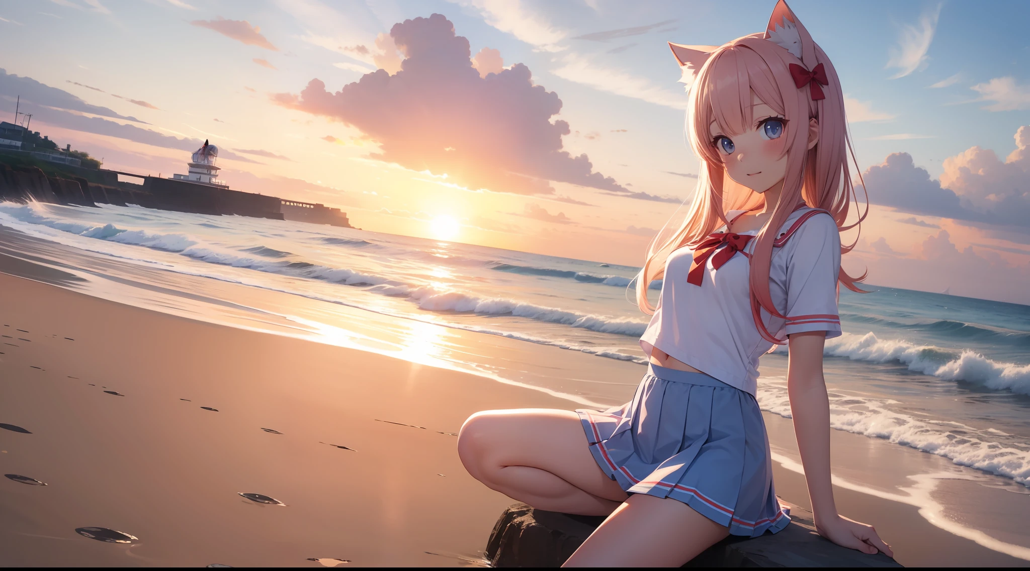 Seaside sunrise miniskirt cat-eared girl