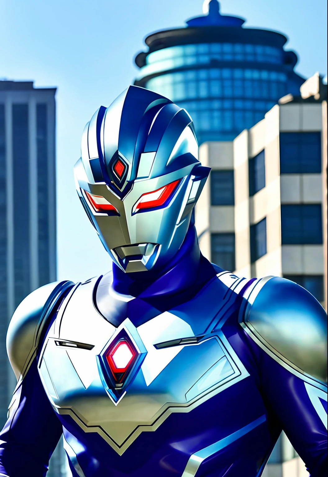 s Ultraman, Giant Heroes, glow blue eyes, 城市, Broken streets at noon, (full bodyesbian), cinmatic lighting, highly detailed, HDR, Realistis, ((detailedbackground))), Perfect anatomy,