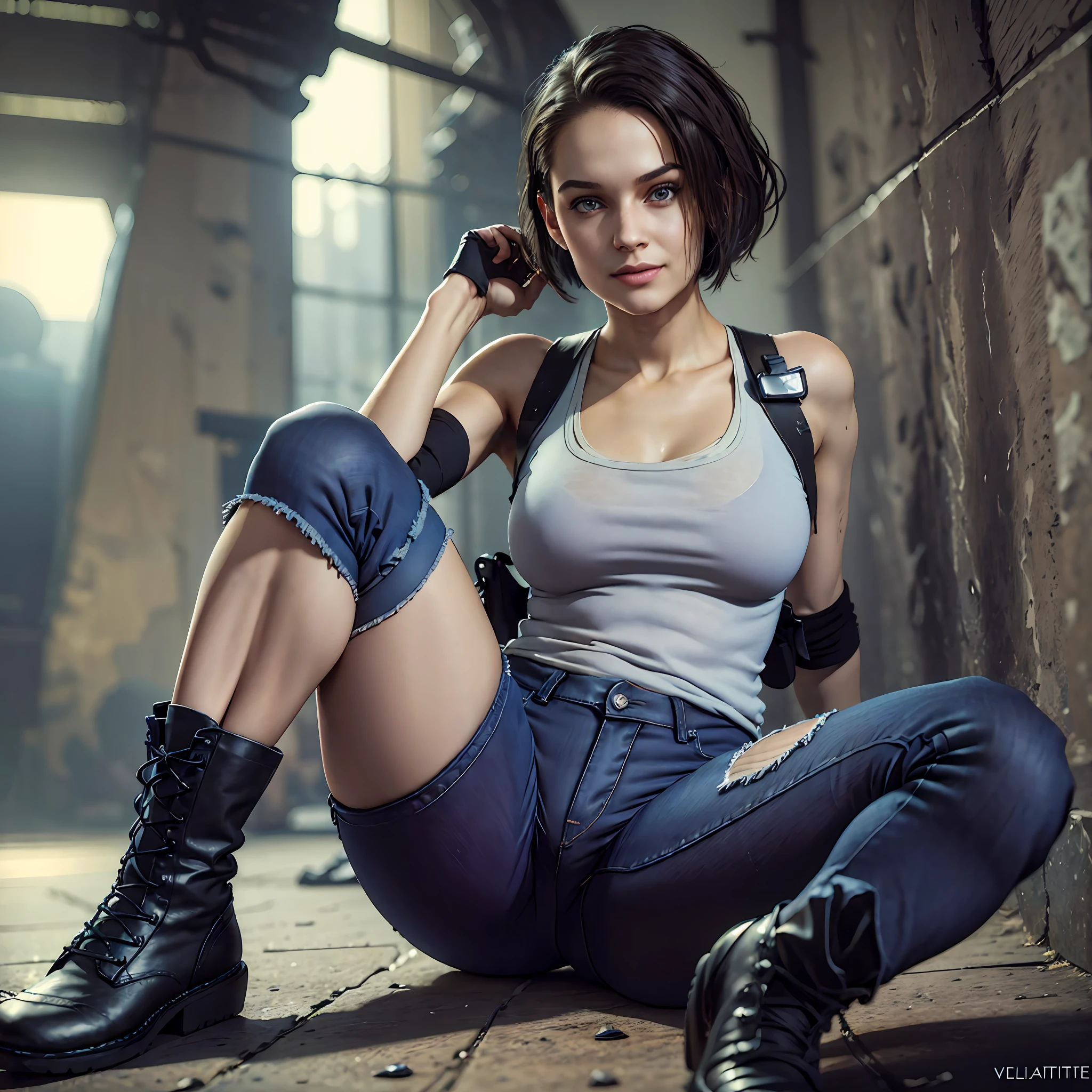 1girl, zotovalentine, smile, tank top, shoulder holster, athletic, (black jeans:1.2), (black boots), sit on the floor, beautifull jill valentine, (ultra detailed), (8k, intricate), (85mm), full body, wide shot, (highly detailed:1.2), breast focus, (detailed face), sfw, colorful, (detailed eyes:0.5), (detailed background), daylight, solo