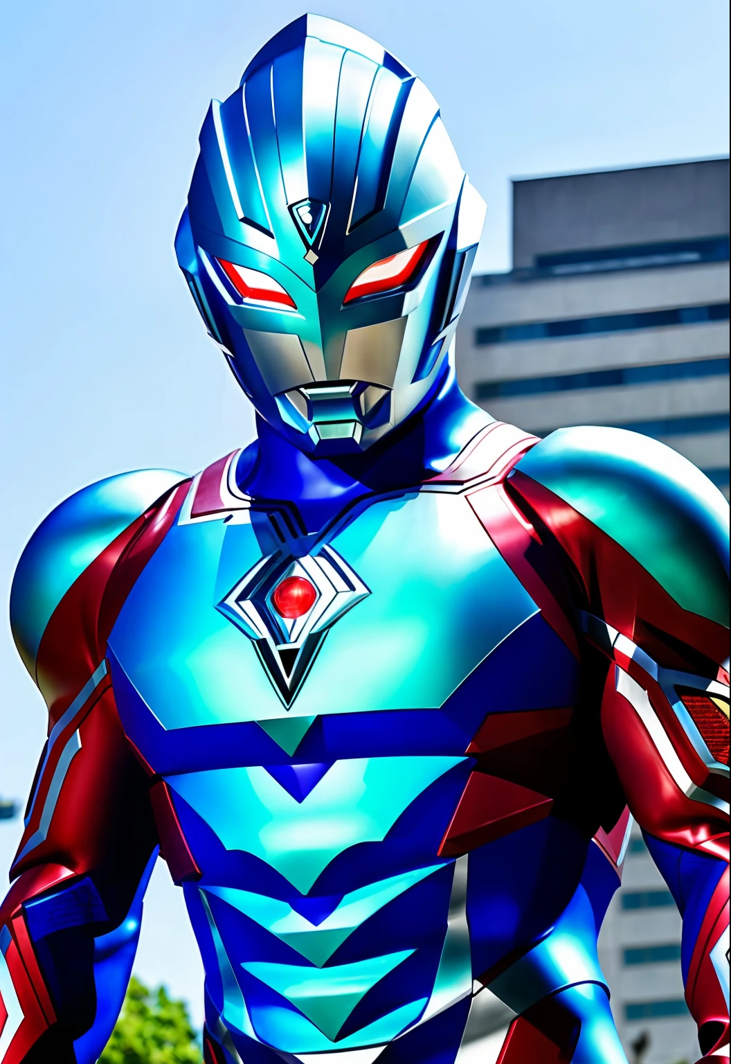 s Ultraman， Giant Heroes， glow blue eyes， 城市， Broken streets at noon， （full bodyesbian）， cinmatic lighting， highly  detailed， HDR， Realistis， （（detailedbackground）））， Perfect anatomy，