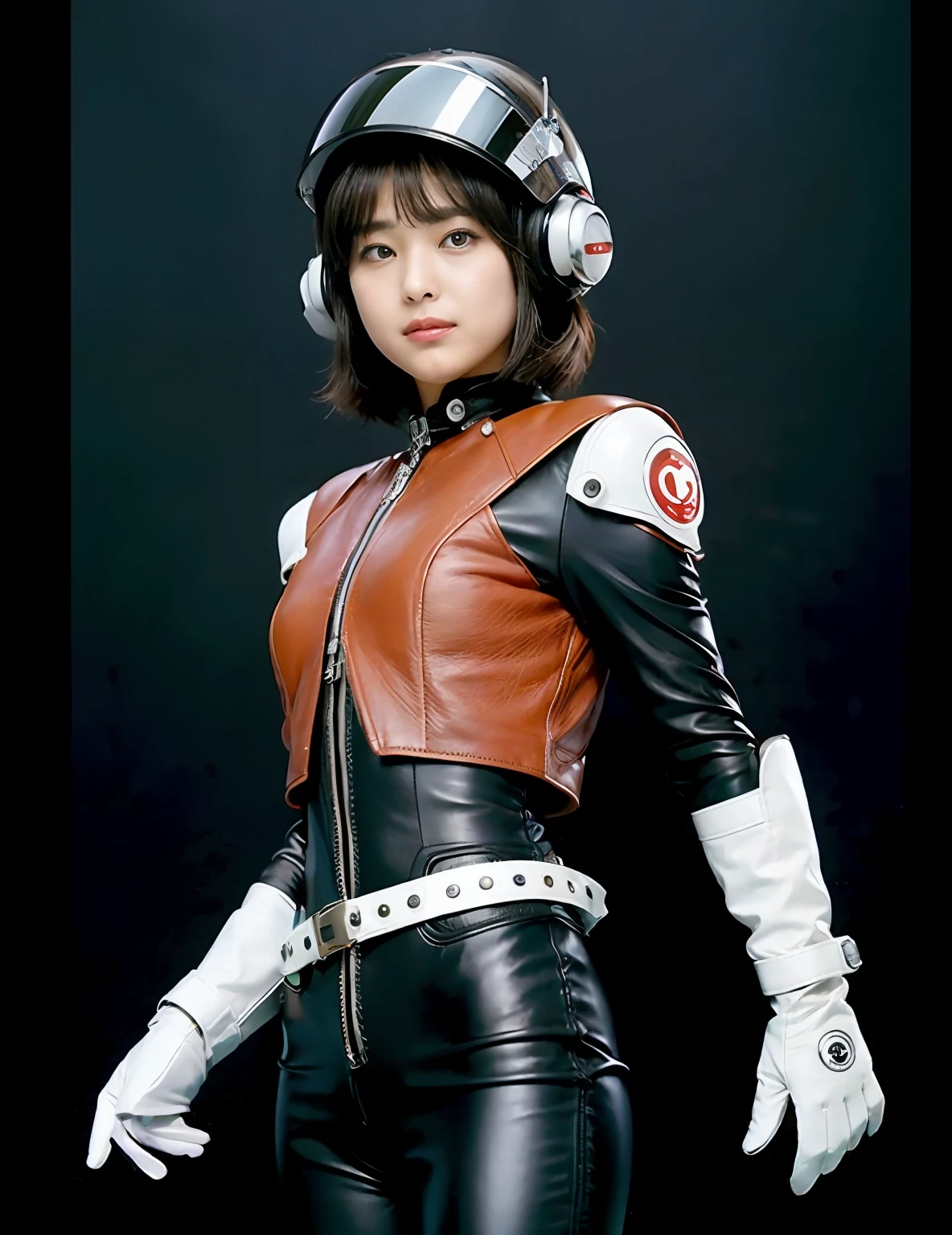 ultra-detailliert, hight resolution, top-quality, ​masterpiece, ((Leather cyborg suit)､(Pilot helmet)、(Leather White Gloves)Wearing a transformation belt、kosmos､planetes