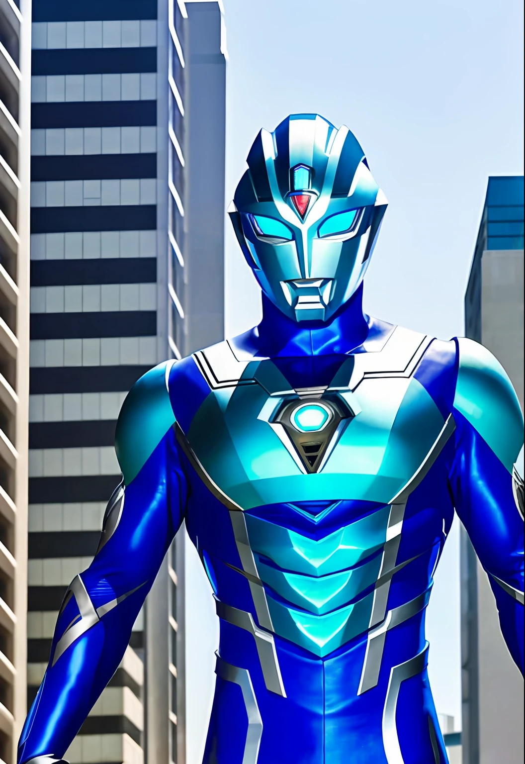 s Ultraman, Giant Heroes, glow blue eyes, 城市, Broken streets at noon, (full bodyesbian), cinmatic lighting, highly detailed, HDR, Realistis, ((detailedbackground))), Perfect anatomy,