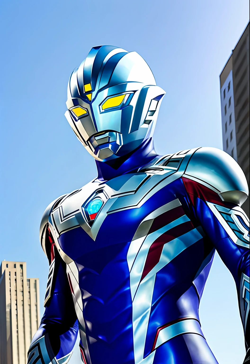 s Ultraman， Giant Heroes， glow blue eyes， 城市， Broken streets at noon， （full bodyesbian）， cinmatic lighting， highly  detailed， HDR， Realistis， （（detailedbackground）））， Perfect anatomy，