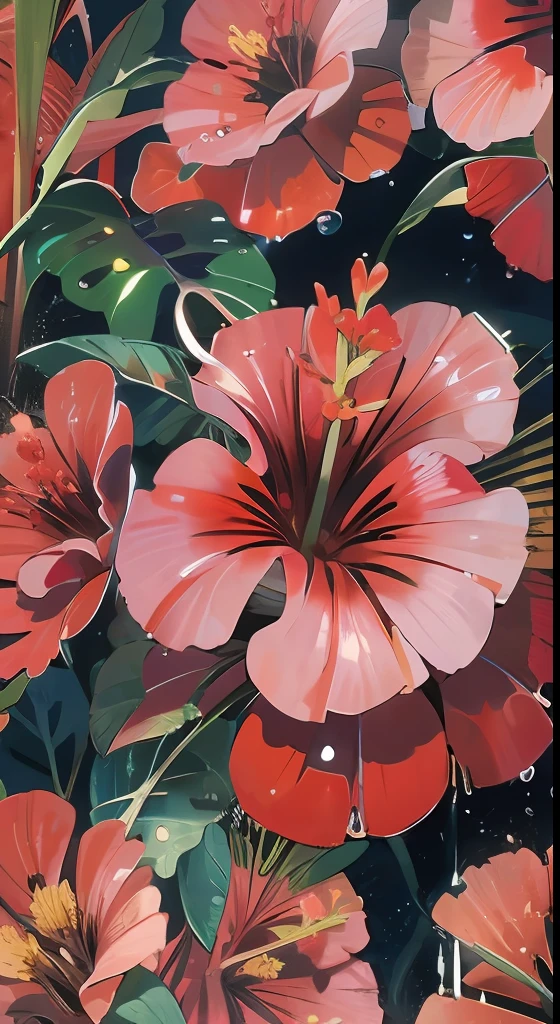 hibiscus Moon with water drops,neon glow, random background, sun rise, bokha mood