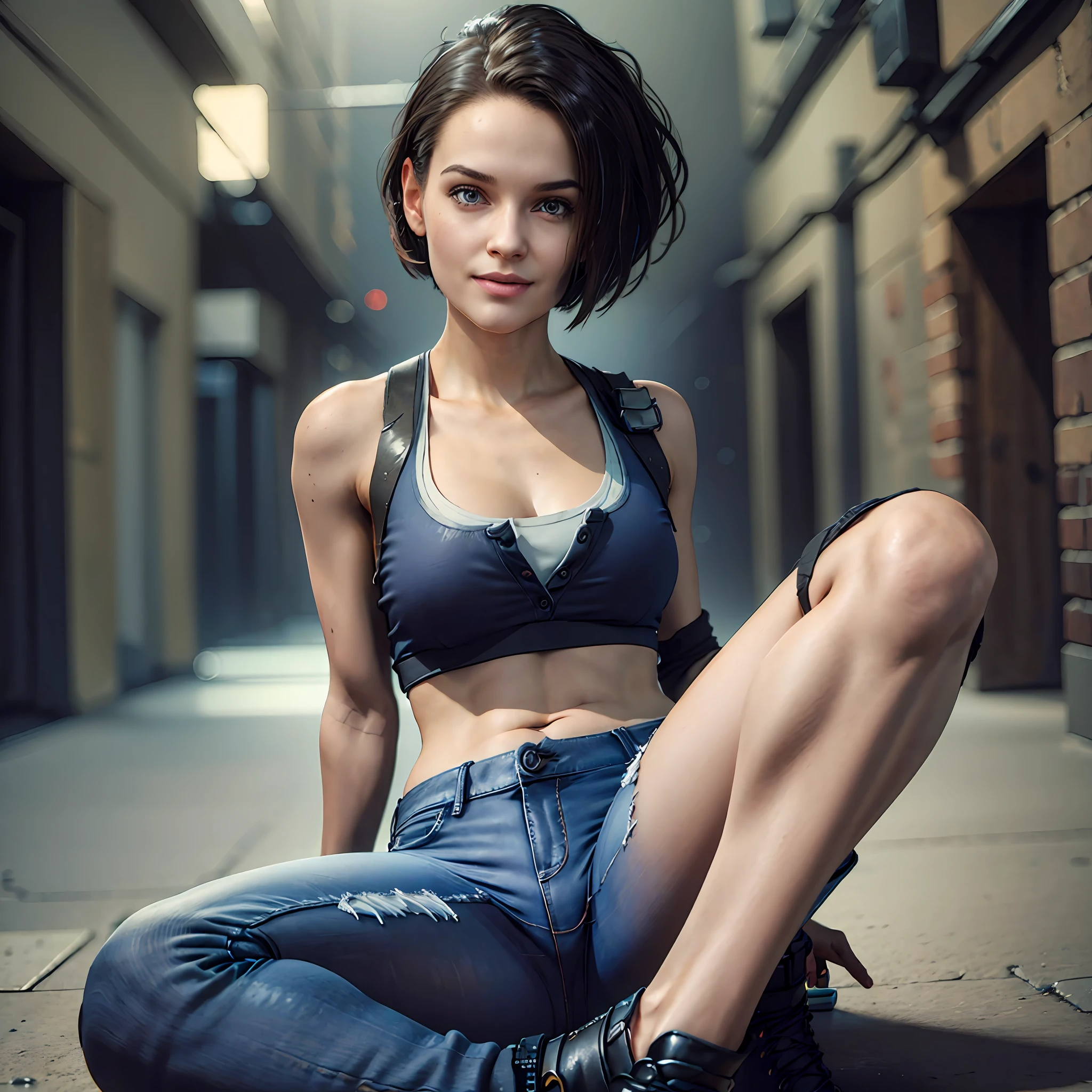 1girl, zotovalentine, smile, tank top, shoulder holster, athletic, (black jeans:1.2), (black boots), sit on the floor, beautifull jill valentine, (ultra detailed), (8k, intricate), (85mm), full body, wide shot, (highly detailed:1.2), breast focus, (detailed face), sfw, colorful, (detailed eyes:0.5), (detailed background), daylight, solo