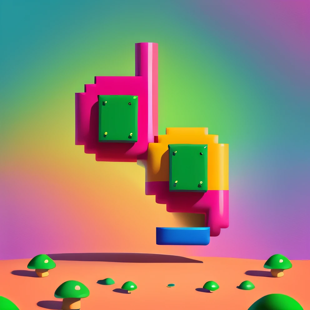 "Super Mario-style, vibrant colors, vivid mushrooms, and lush plants."