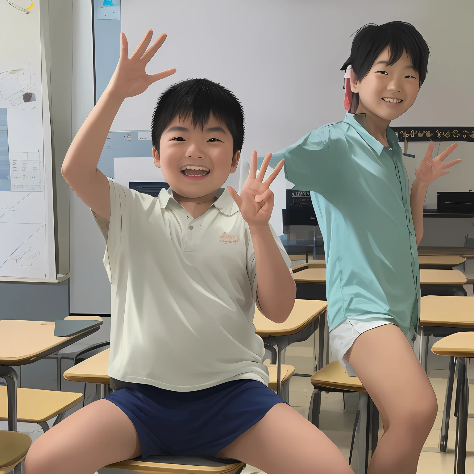 Ultra-high-definition, high-resolution images、In a happy atmosphere、Chubby 10-year-old Chinese boy poses alone waving in a live-action elementary school classroom。