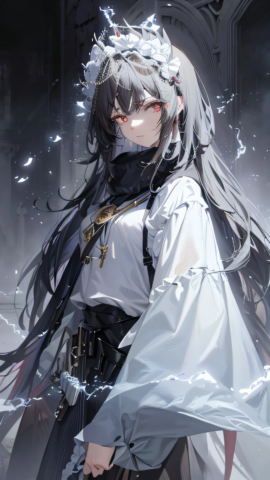 brunette color hair，Red eyes， Long messy hair， ventania， （Kizi：1.5），Lace，ribbons，Hambu，（tmasterpiece，Sideslit，Delicate and beautiful gray eyes：1.2），tmasterpiece，Realiy，glowing light eyes，shinny hair，Long hair，shiny skins，独奏，embarressed，No shoulder strap，delicated，big breasts beautiful，trpical garden，blossoms，flying petal，