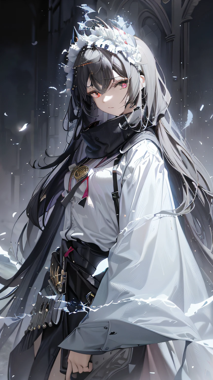 brunette color hair，Red eyes， Long messy hair， ventania， （Kizi：1.5），Lace，ribbons，Hambu，（tmasterpiece，Sideslit，Delicate and beautiful gray eyes：1.2），tmasterpiece，Realiy，glowing light eyes，shinny hair，Long hair，shiny skins，独奏，embarressed，No shoulder strap，delicated，big breasts beautiful，trpical garden，blossoms，flying petal，