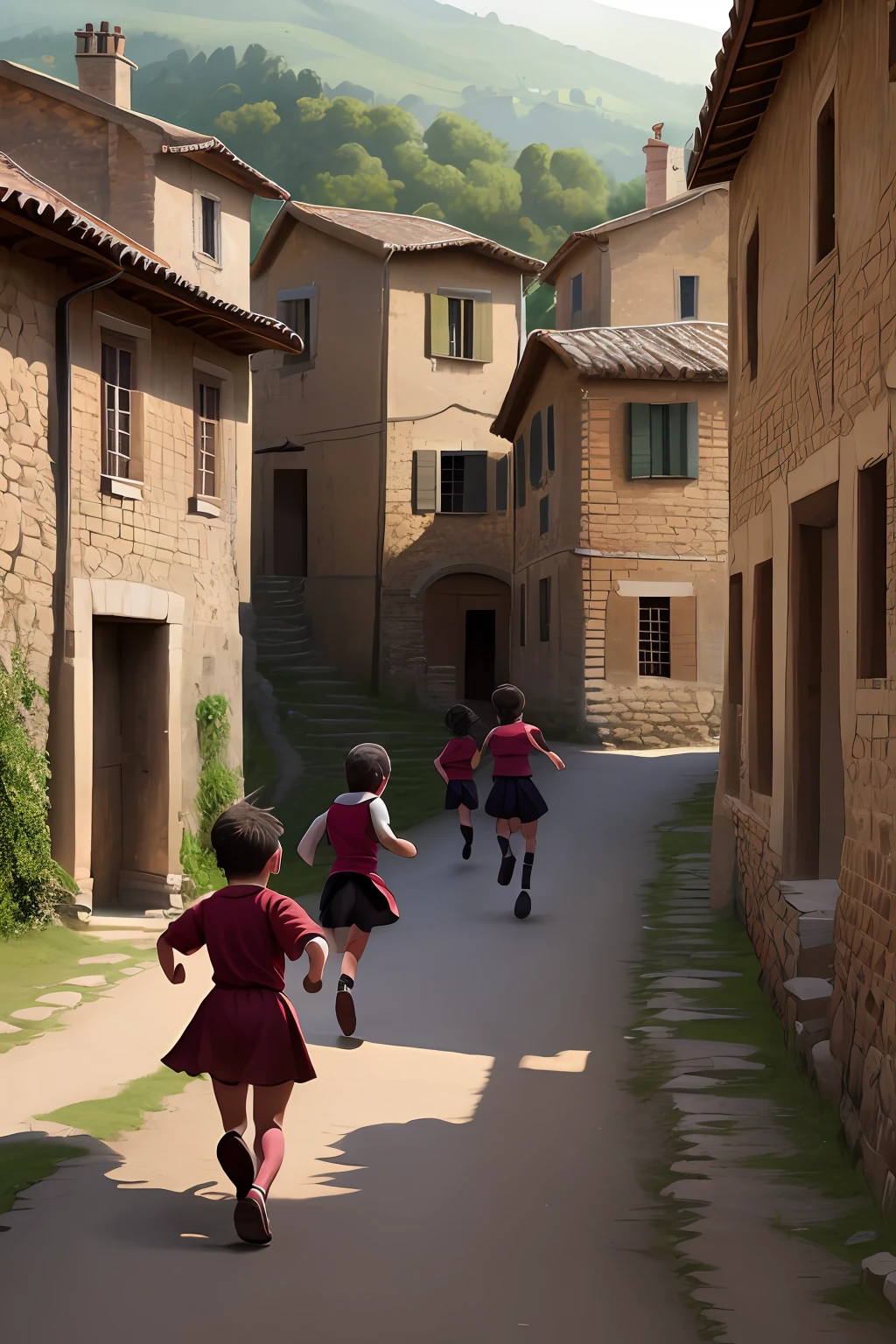 ROMAN CHILDREN RUNNING IN A COUNTRY VILLAGE