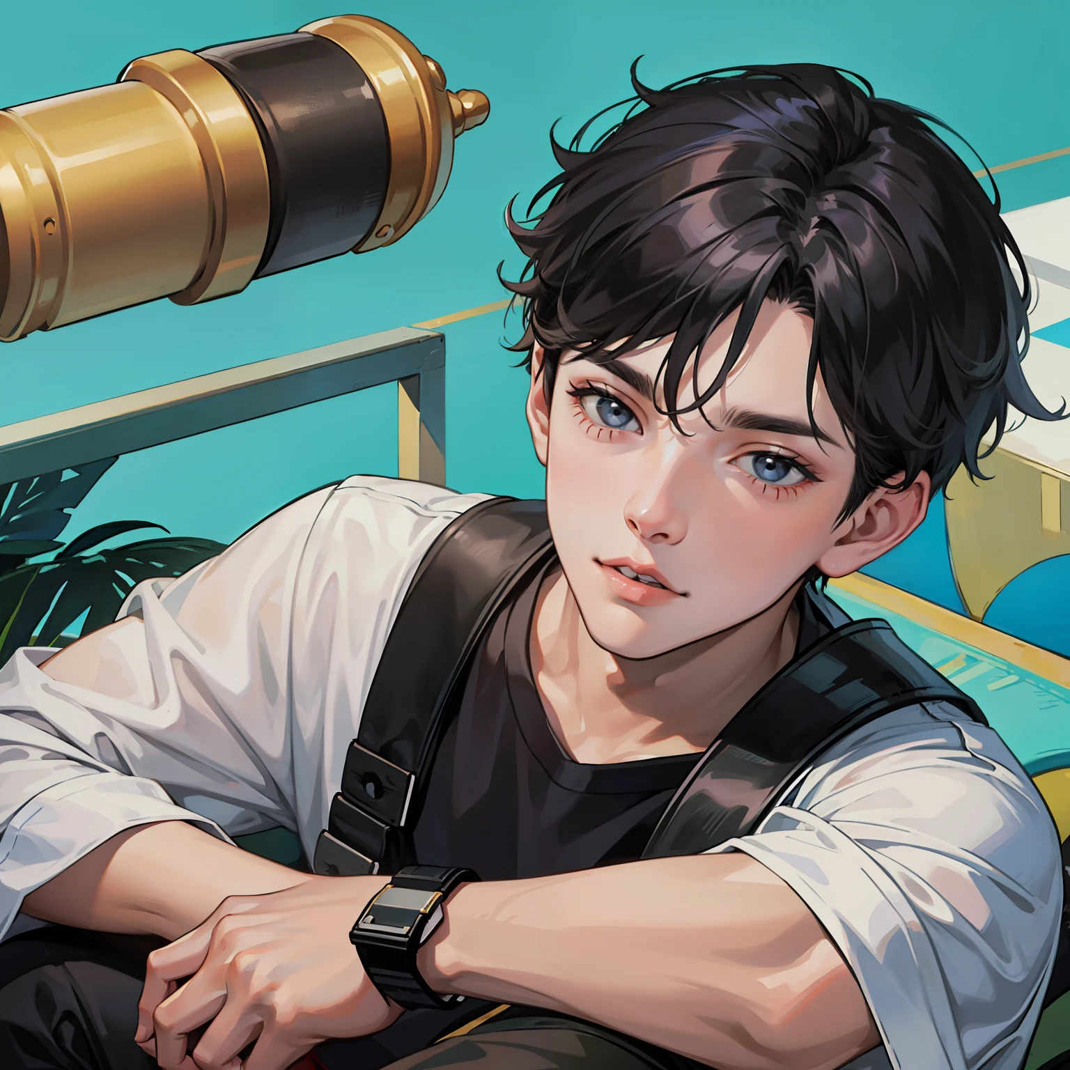 1 boy teenager，Black color hair，adolable
