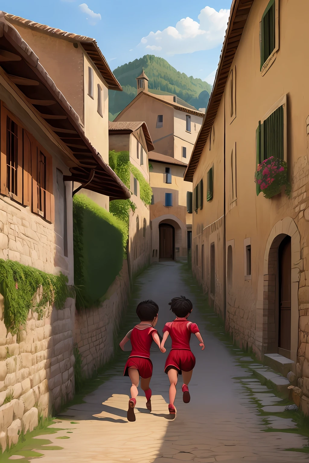 ROMAN CHILDREN RUNNING IN A COUNTRY VILLAGE