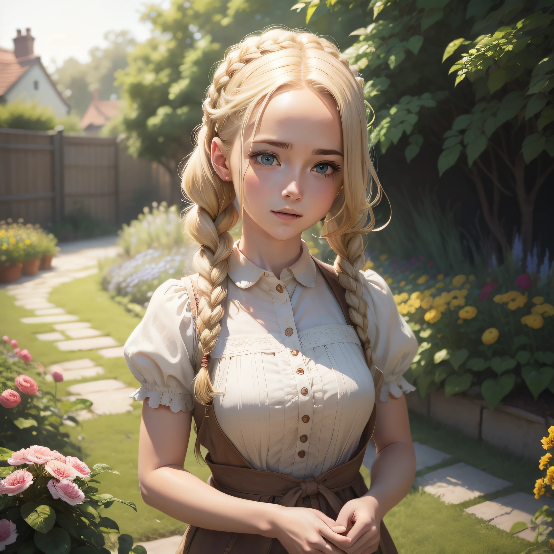 Blonde girl with braids in her hair, playing in her garden, cinematic quality, 4k