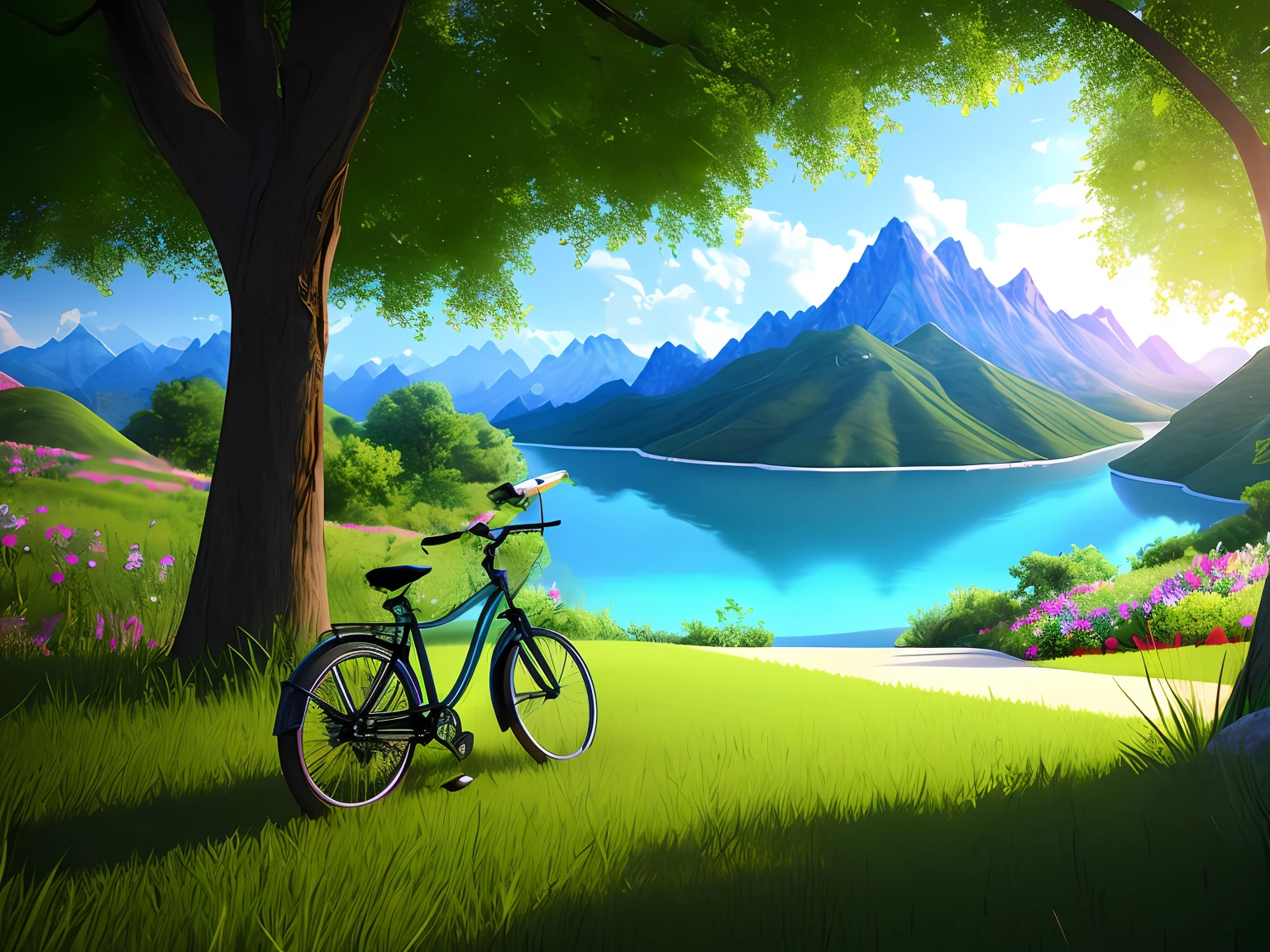 A peaceful place，Three youths were chasing on bicycles，aestheticly pleasing，scenic view。realisticlying，8k uhd，Studio quality，Ultra photo realsisim，max detail，massive scale，post-proces，realisticlying，photographrealistic，photoshop，photography of，A detailed，cinmatic lighting，scenecy，in a panoramic view，scenecy，Ray traching，cinema4d