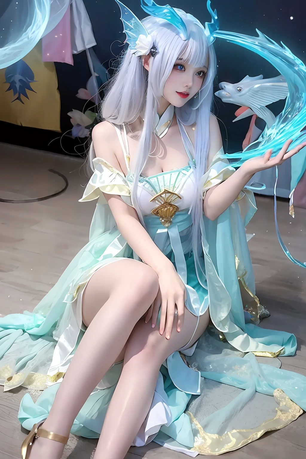 Close-up of women in costumes on stage, full-body fairy, beautiful celestial mage, amazing young ethereal characters, beautiful fantasy queen, astral witch costume, Shaxi, flowing magic robe, white Hanfu, fairy fantasy, beauty Delfin, ethereal fantasy, elegant and charming cosplay, Hirase Jinyao, half-lying on the ground, charming, very coquettish, behind a Ferrari sports car