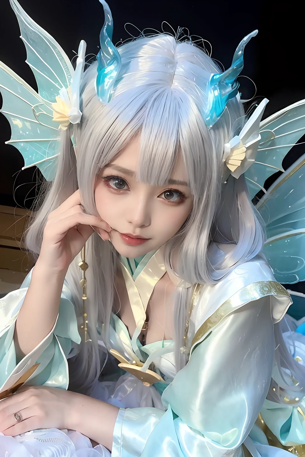 Close-up of women in costumes on stage, full-body fairy, beautiful celestial mage, amazing young ethereal characters, beautiful fantasy queen, astral witch costume, Shaxi, flowing magic robe, white Hanfu, fairy fantasy, beauty Delfin, ethereal fantasy, elegant and charming cosplay, Hirase Jinyao, half-lying on the ground, charming, very coquettish, behind a Ferrari sports car