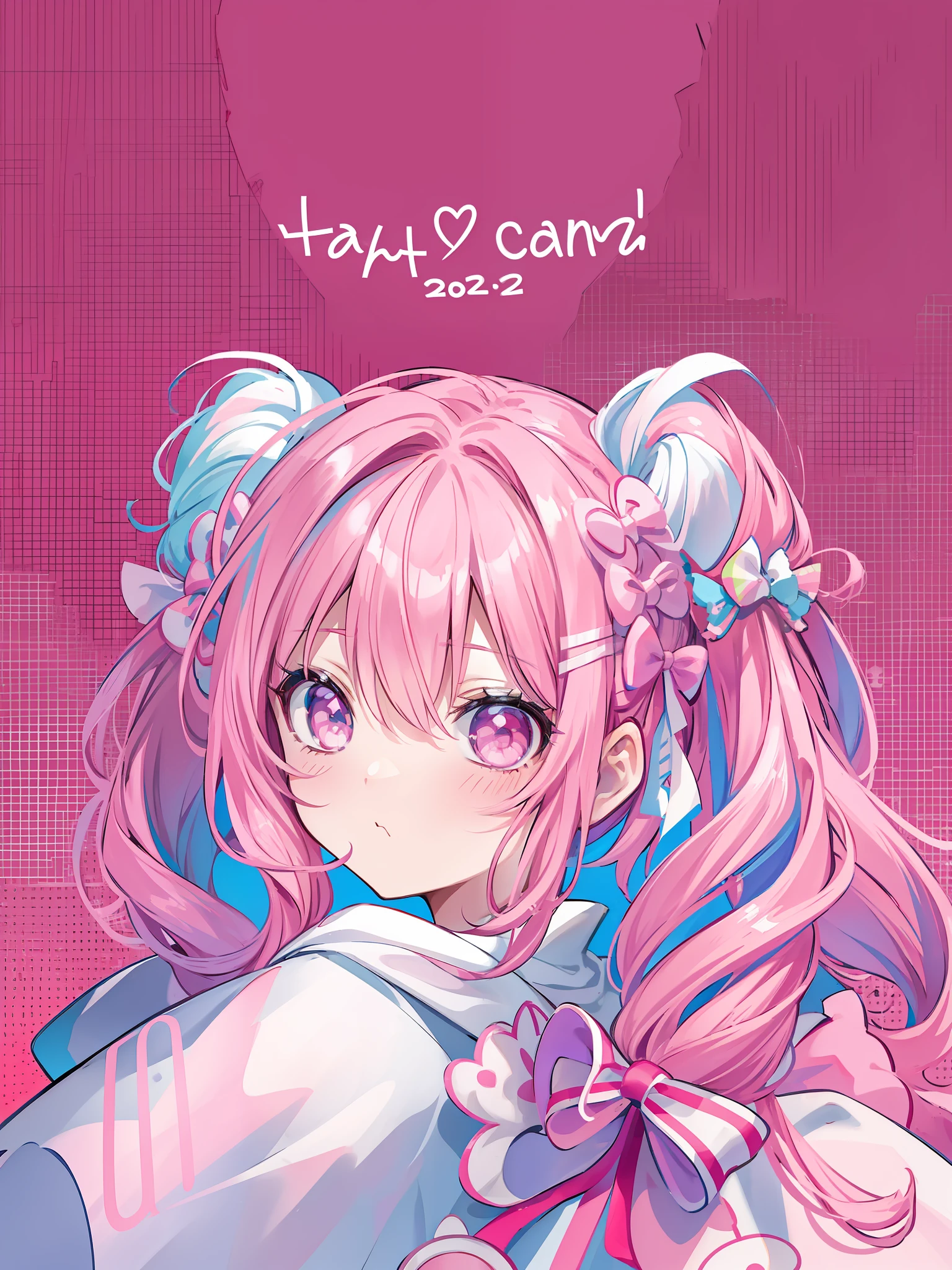 There is a doll with pink hair and white hair in a white coat, ulzzangs, kawaii hair style, pink twintail hair and cyan eyes, kawaii hair style, cute girl with short pink hair, pale red, pink hair covered with hairpins, wearing pink hair bow, pink and red color style, fluffy fox ears, kawaii aesthetic, with pink hair