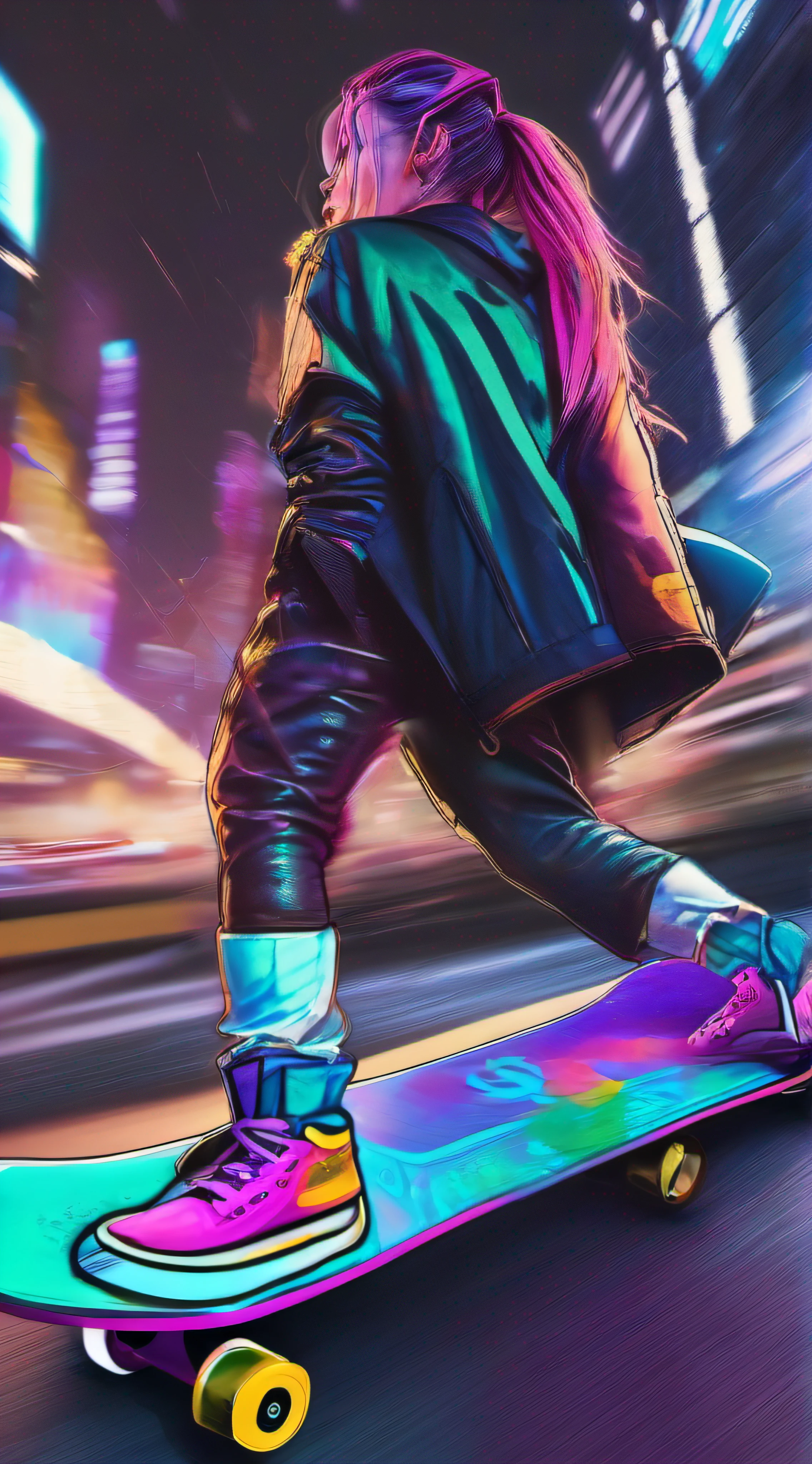 alerquina andando de skate, cabelos coloridos, olhar sensual, olhas claros, perfeccionismo, alta resolução, 8K UHD, alerquina com tatuagens, cyberpunk, imagem cyberpunk, imagem de corpo inteiro, corpo inteiro, cabelos coloridos, skate