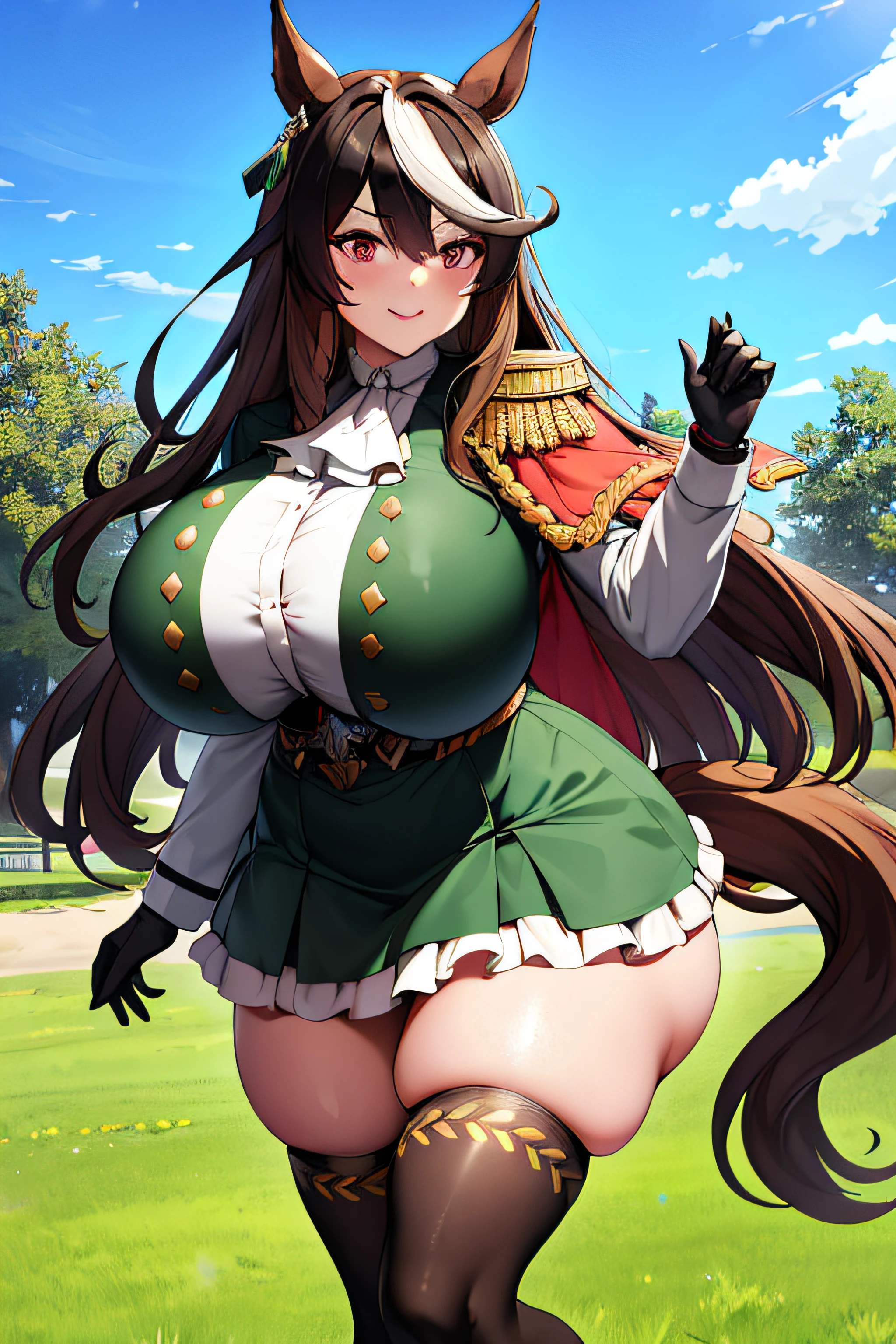 ​masterpiece, top-quality, Hi-Res, 1girl, Symbolic Rudolph (umamusume), horse ear, animal ear, 独奏, Horse Girl, tailed, Horse's tail, thighs thighs thighs thighs, (((Ridiculously large breasts)))、(Ridiculously huge breasts:1.5)、((huge udder))、brown haired, gloves, length hair, O cabelo multicolorido, black thighhighs, white glove, epaulette, Single epaulette, striated hair, cape, a purple eye, Red Cape, jewely, ascot, long-sleeve, white  hair, Black footwear, 耳Nipple Ring, White Ascot, single earring, skirt by the, Egillet, Green jacket, frilld, jaket, hair between eye, Green skirt, Ruffled skirt, Mouth closed, bangss, buttoning, gold trim, a belt, Green dress, doress, medal, a smile, (running:1.2), deph of field, plein air,