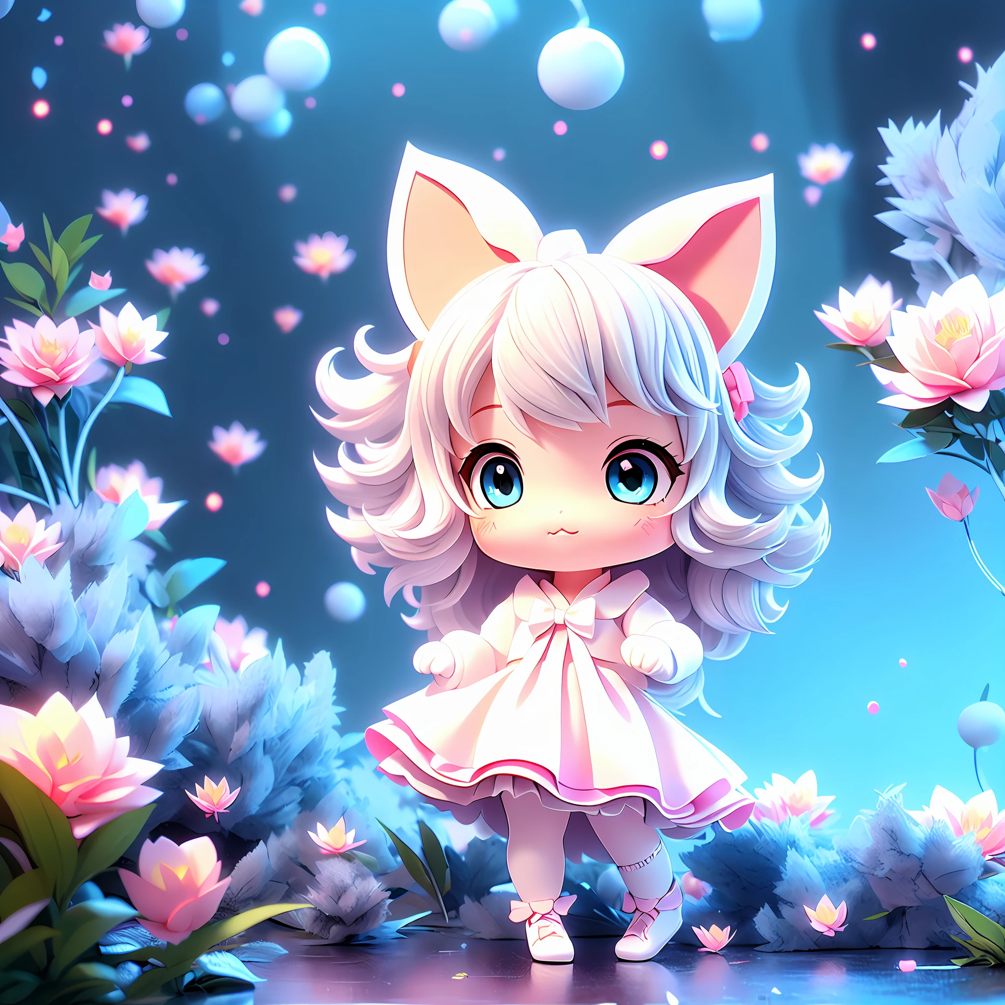 1girl, animal ears, tail, chibi, white hair, cat ears, solo, cat tail, long hair, hair ornament, cat girl, virtual youtuber, dress, blue eyes, ahoge, bow, white background, animal ear fluff, hairclip, holding