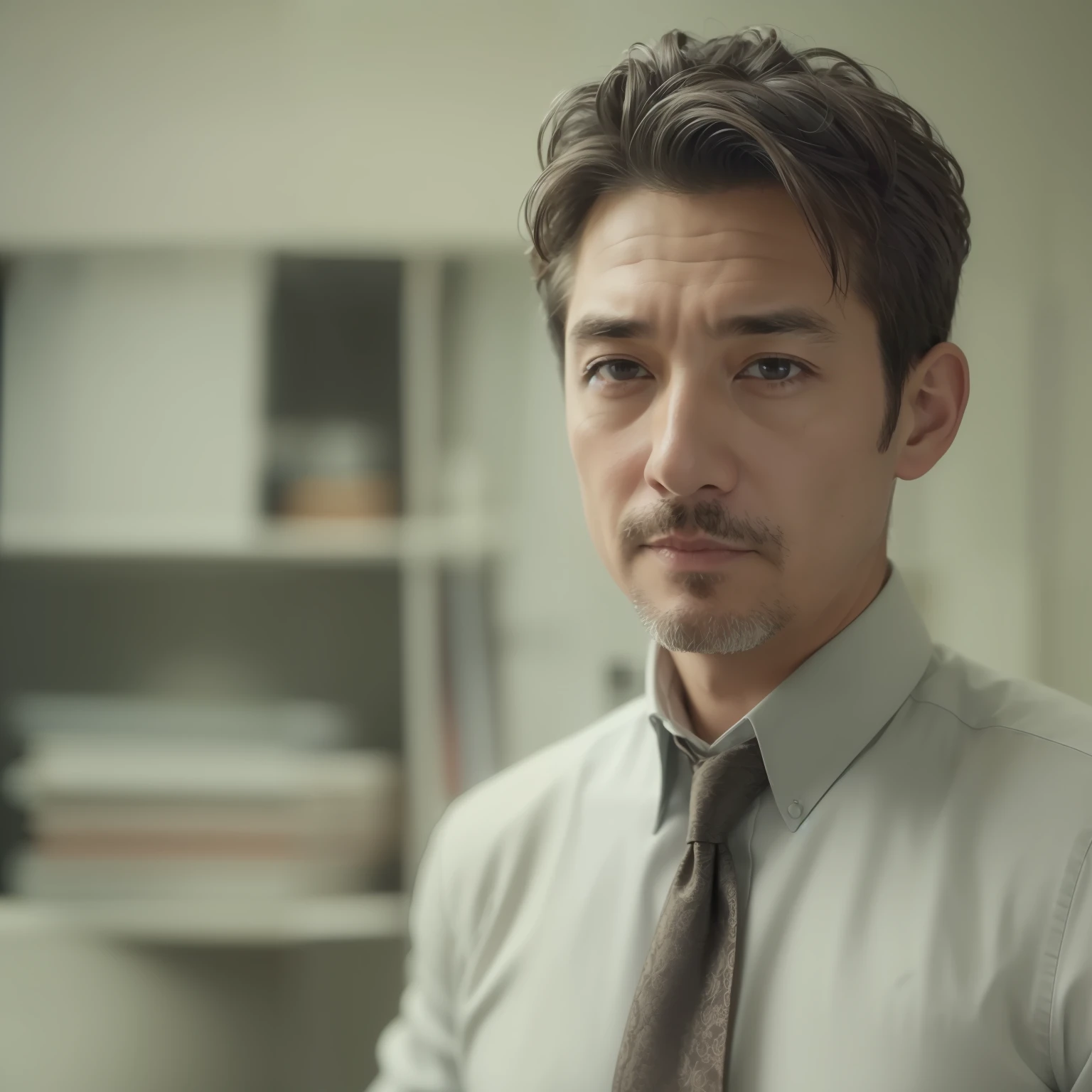 ((top-quality、8K、masterpiece:1.3))、Adult man、realisitic、age 40s、Wearing a suit、s Office、Super Detail Face、Delicat eyes、二重まぶた