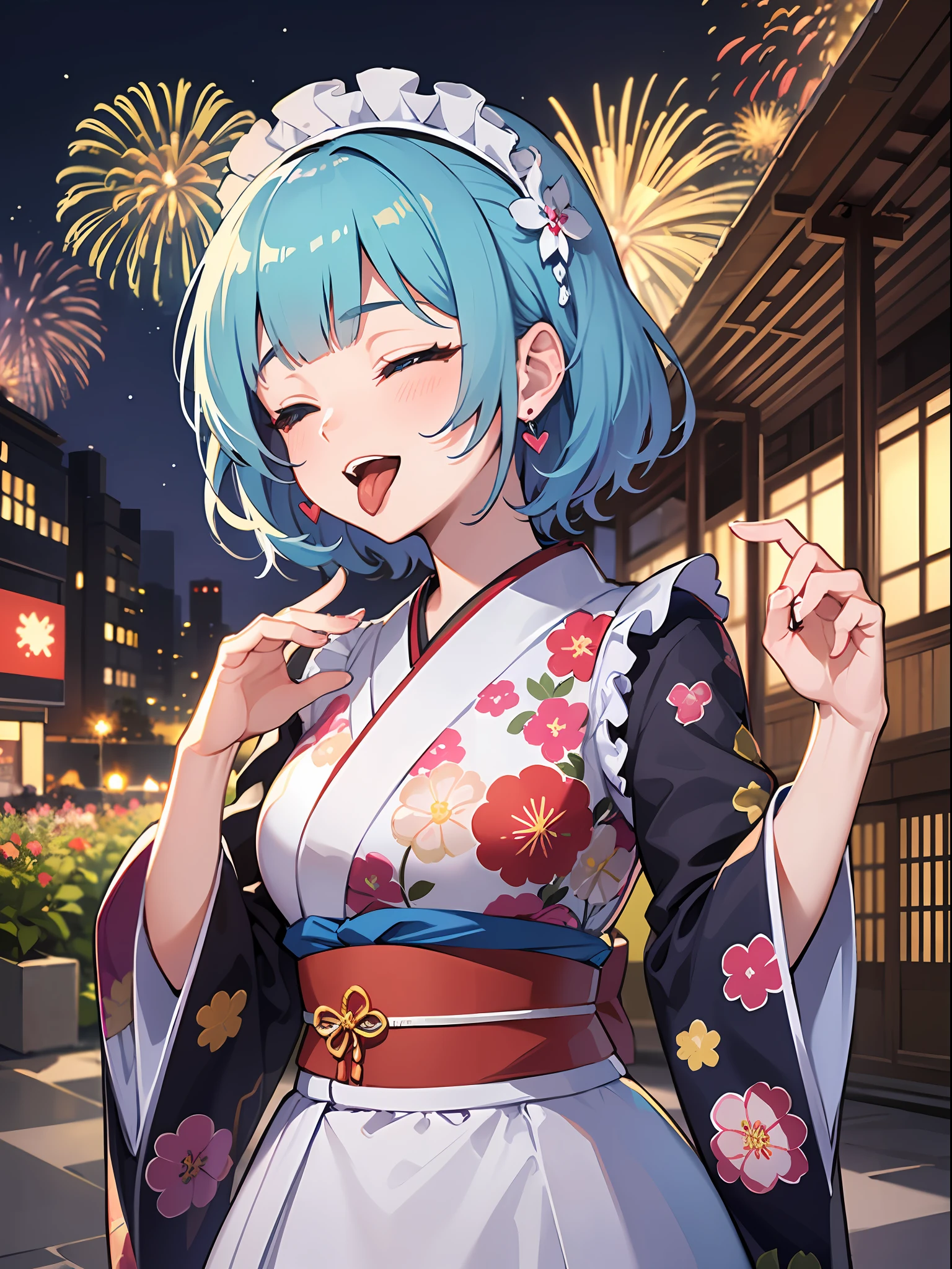(masterpiece:1.3), (best quality:1.3), high resolution, 


couboy shot, 
leaning forward, body facing forward, 

(one cute girl:1.3), solo, 
white skin, small Breast, eight-headed person, 
light blue hair, (bobbed hair:1.2), (short hair:1.2), (blunt bangs:1.2), beautiful hair, blue eyes, beautiful detailed eyes, 

(tongue out:1.3), blush, open mouth, heart, cheerful smile, one eye closed, 

japanese clothes, kimono, maid, frill, earrings, 

outdoors, (night:1.2), Fireworks in the night view, flower garden, natural park, 

shadowlighting,