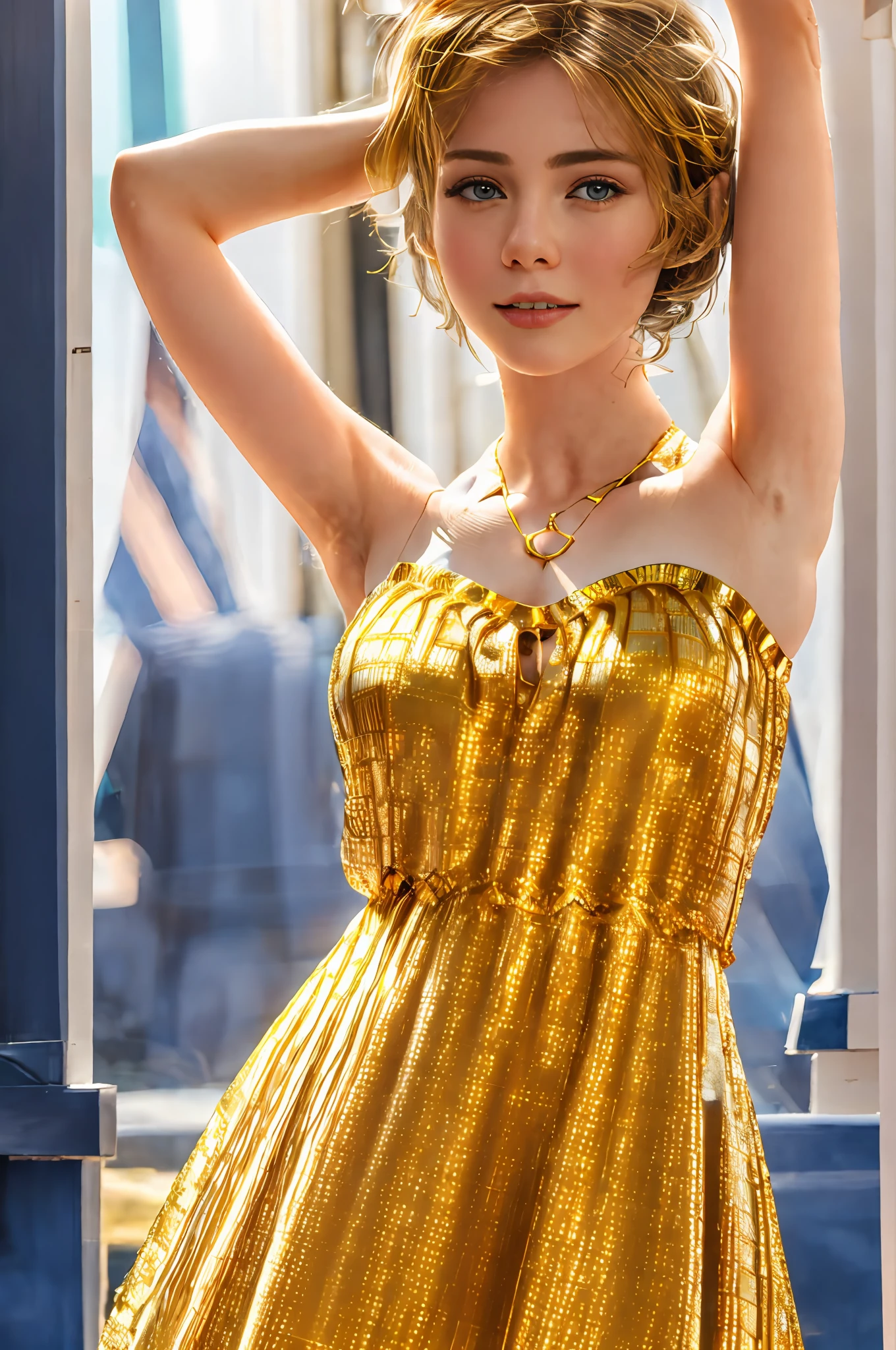 (Masterpiece:1.3), (8K, Photorealistic, RAW photo, Best quality: 1.4), (1girll), Beautiful face, (Realistic face), (Short hair:1.3), Nice hairstyle,photorealistic eye,Nice detail eyes,(Realistic skin),Beautiful skins,(Sweaters),absurd res,enticing,超高分辨率,Ultra photo realsisim,The is very detailed,the golden ratio,hands raised overhead,Exposed armpits,Armpit Folds,Bandeau dress dress,Armpit Folds,European women,golden hair。super high image quality,The armpits are very clear。