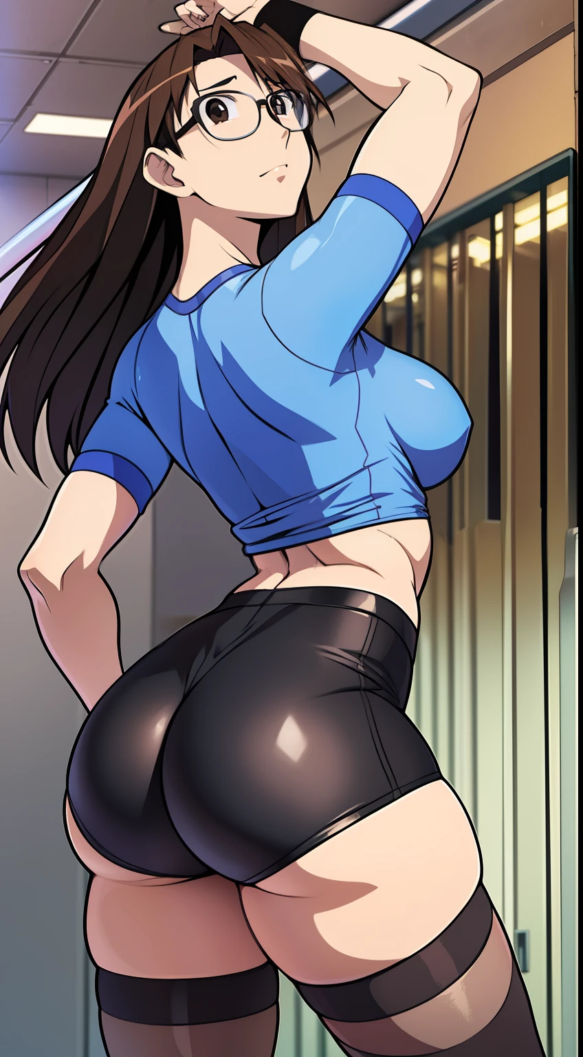 Koyomi Mizuhara, Brown hair, long hair, glasses, face, features, fit body, large breasts, Tight shirt, high cut striped Nike biker shorts, White sling thong, knee socks, and sneakers, wristband on left arm, view from behind, tight butt cheeks, clenching her ass, hands behind her ass, looking back, standing straight, stretching her arms back, lewd face, tongue tease