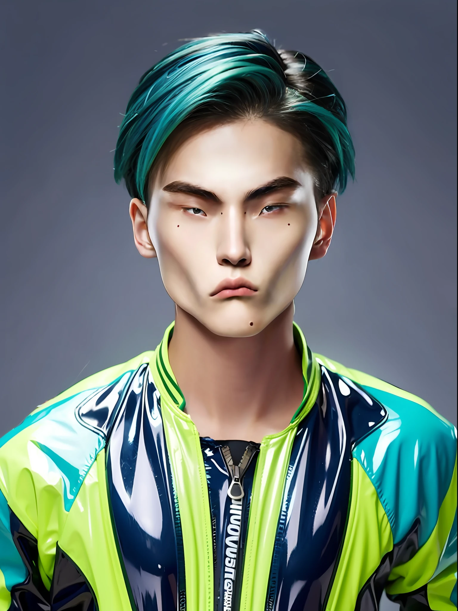 A -yeld mahigh school student,Wearing a PVC blue racing suit,Green hair