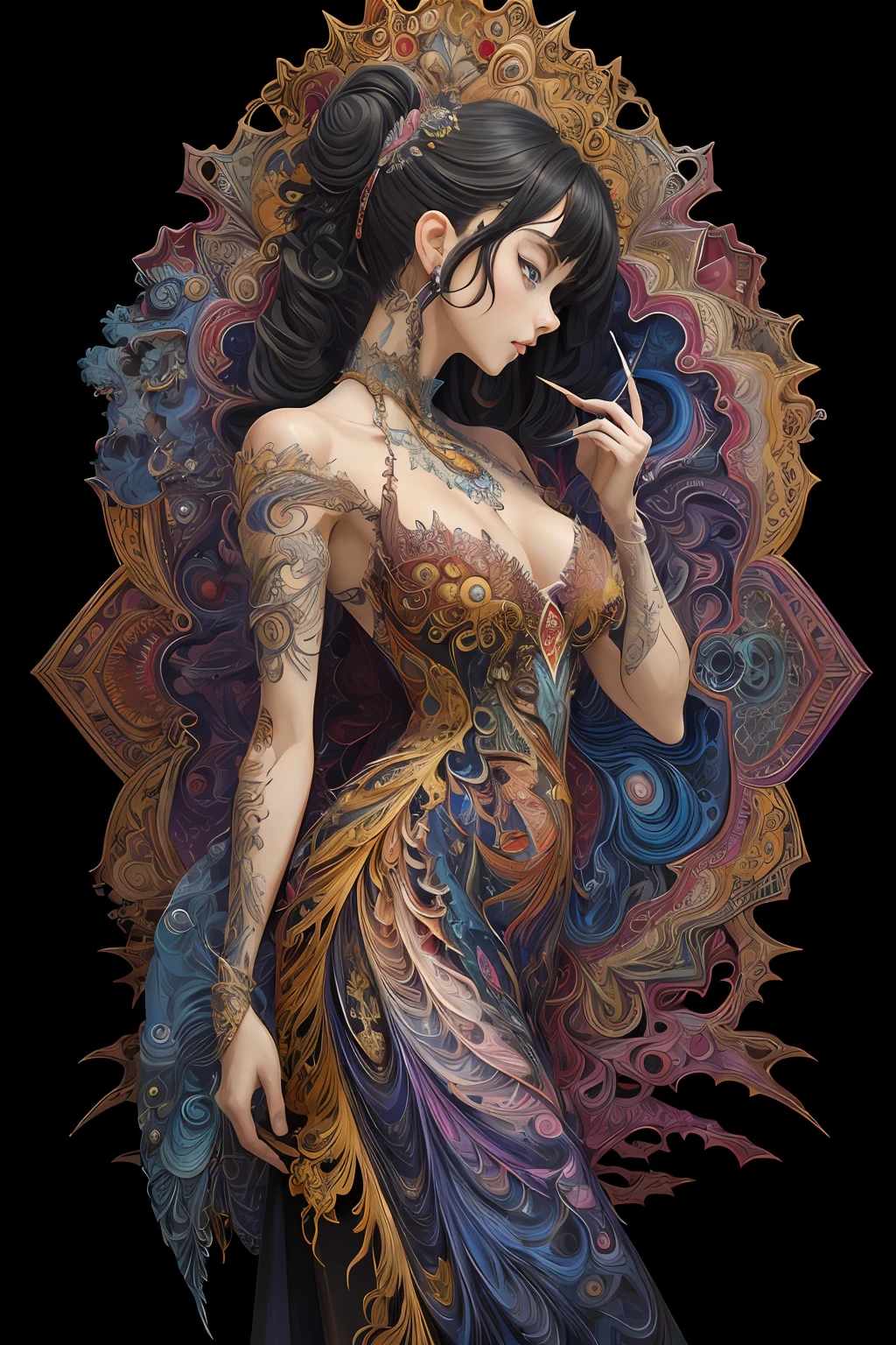 (masterpiece, top quality, best quality, official art, beautiful and aesthetic:1.2), (1girl:1.3), extremely detailed,(fractal art:1.2),colorful,highest detailed,(zentangle:1.2), (dynamic pose), (abstract background:1.5), (treditional dress:1.2), (shiny skin), (many colors:1.4), upper body, masterpiece, best quality,high quality,highres, 16K,RAW,ultra highres,ultra details,finely detail,an extremely delicate and beautiful,extremely detailed,real shadow, anime,highly detailed painted,award winning glamour paintting,wonderful paintting,art style,stylized,