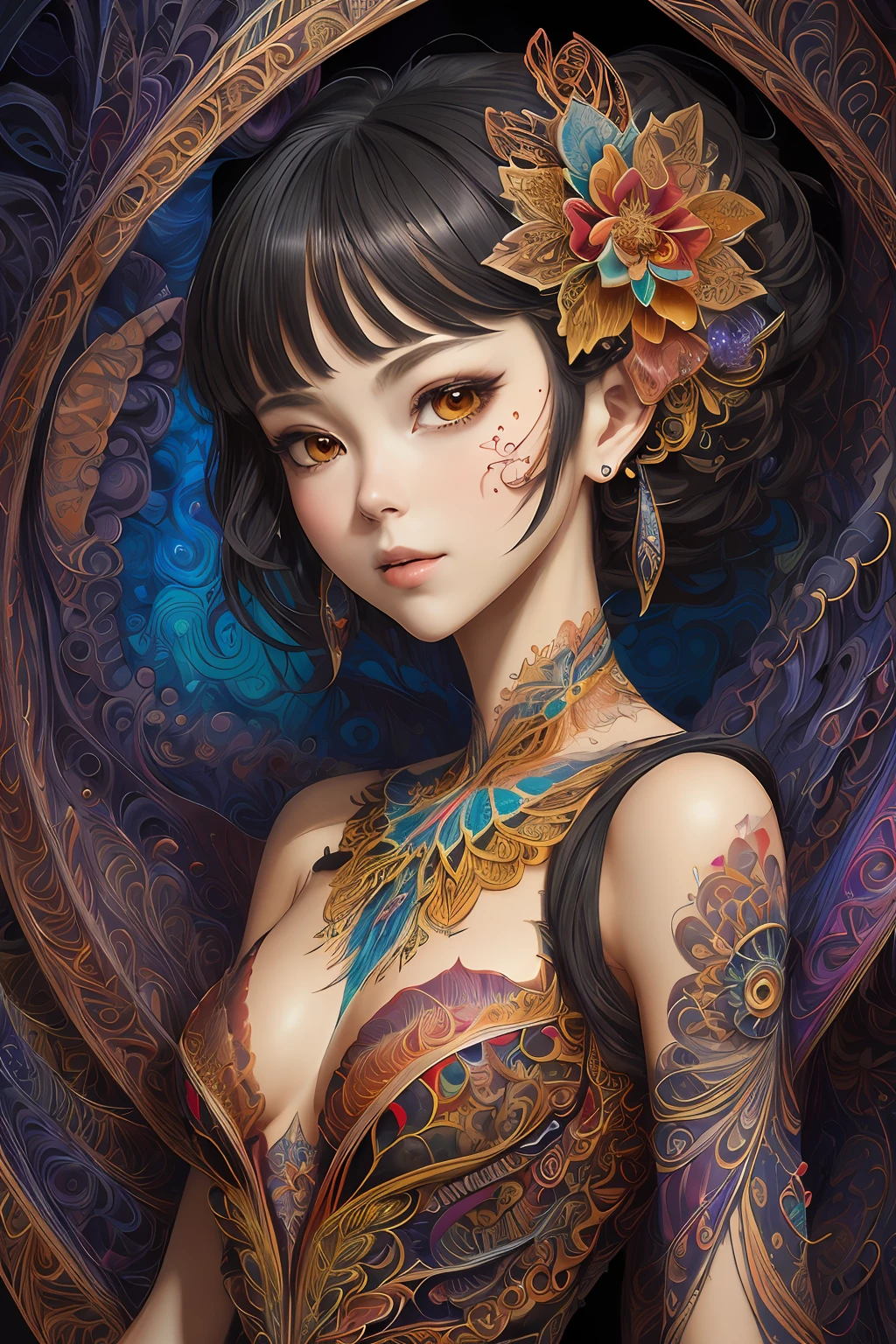 (masterpiece, top quality, best quality, official art, beautiful and aesthetic:1.2), (1girl:1.3), extremely detailed,(fractal art:1.2),colorful,highest detailed,(zentangle:1.2), (dynamic pose), (abstract background:1.5), (treditional dress:1.2), (shiny skin), (many colors:1.4), upper body, masterpiece, best quality,high quality,highres, 16K,RAW,ultra highres,ultra details,finely detail,an extremely delicate and beautiful,extremely detailed,real shadow, anime,highly detailed painted,award winning glamour paintting,wonderful paintting,art style,stylized,