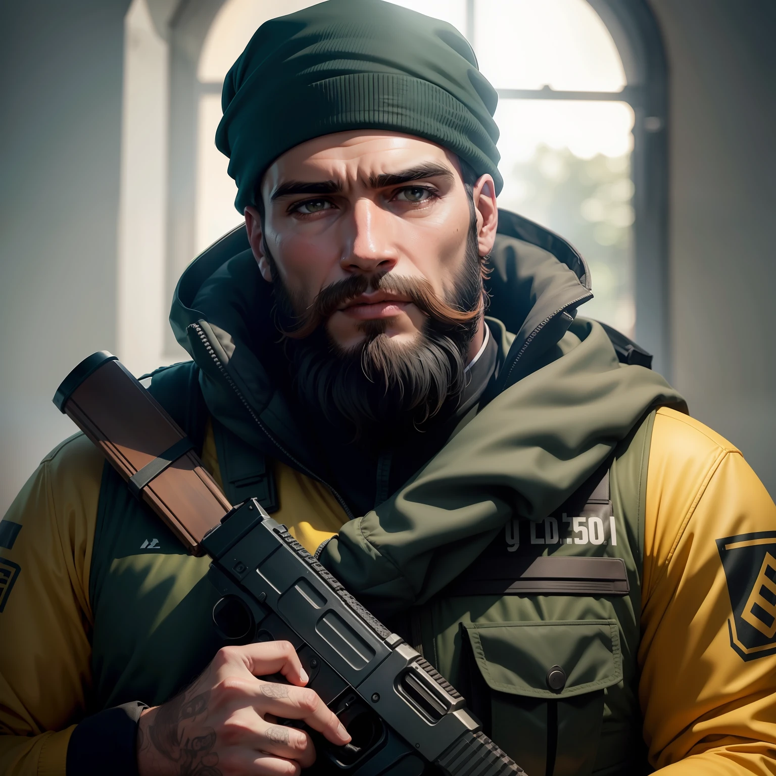 um homem moreno com barba idade entra 50 anos jogando airsoft