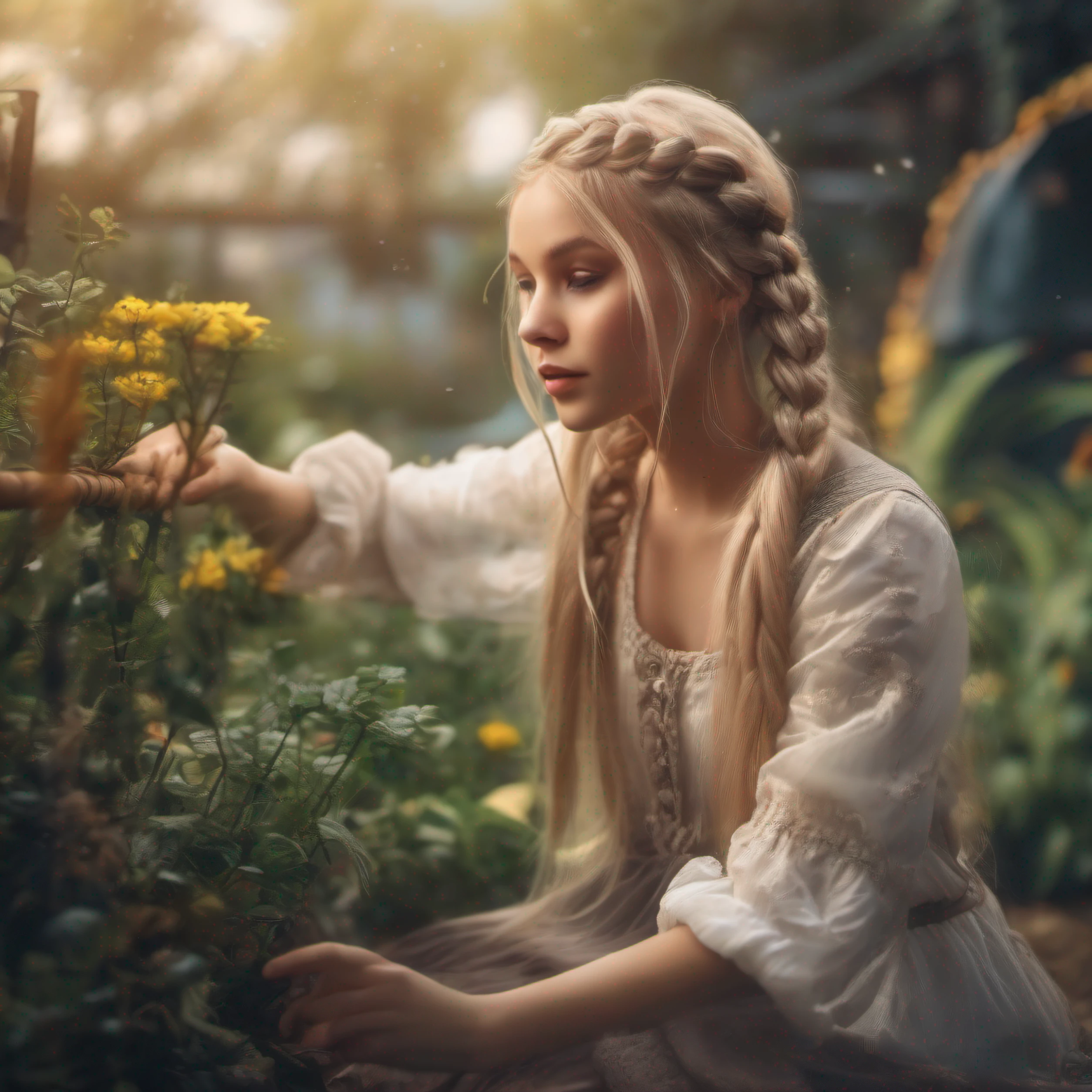 Blonde girl with braids in her hair, playing in her garden, cinematic quality, 4k